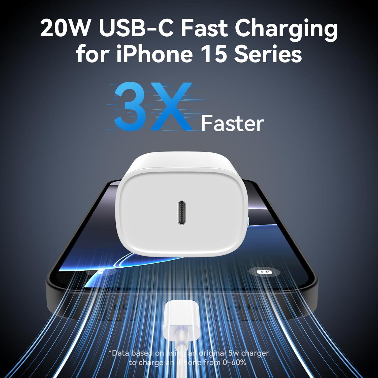 Cargador Rápido 20W USB C para iPhone 16 Pro Max con Cable 3.05m