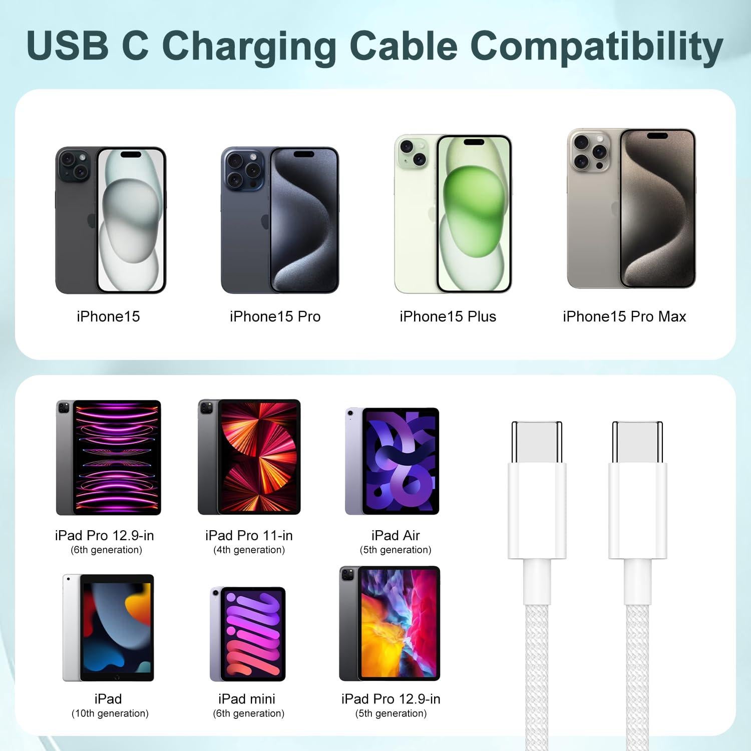Cable de carga rápida USB C a C 3m 60W para iPhone 16/15