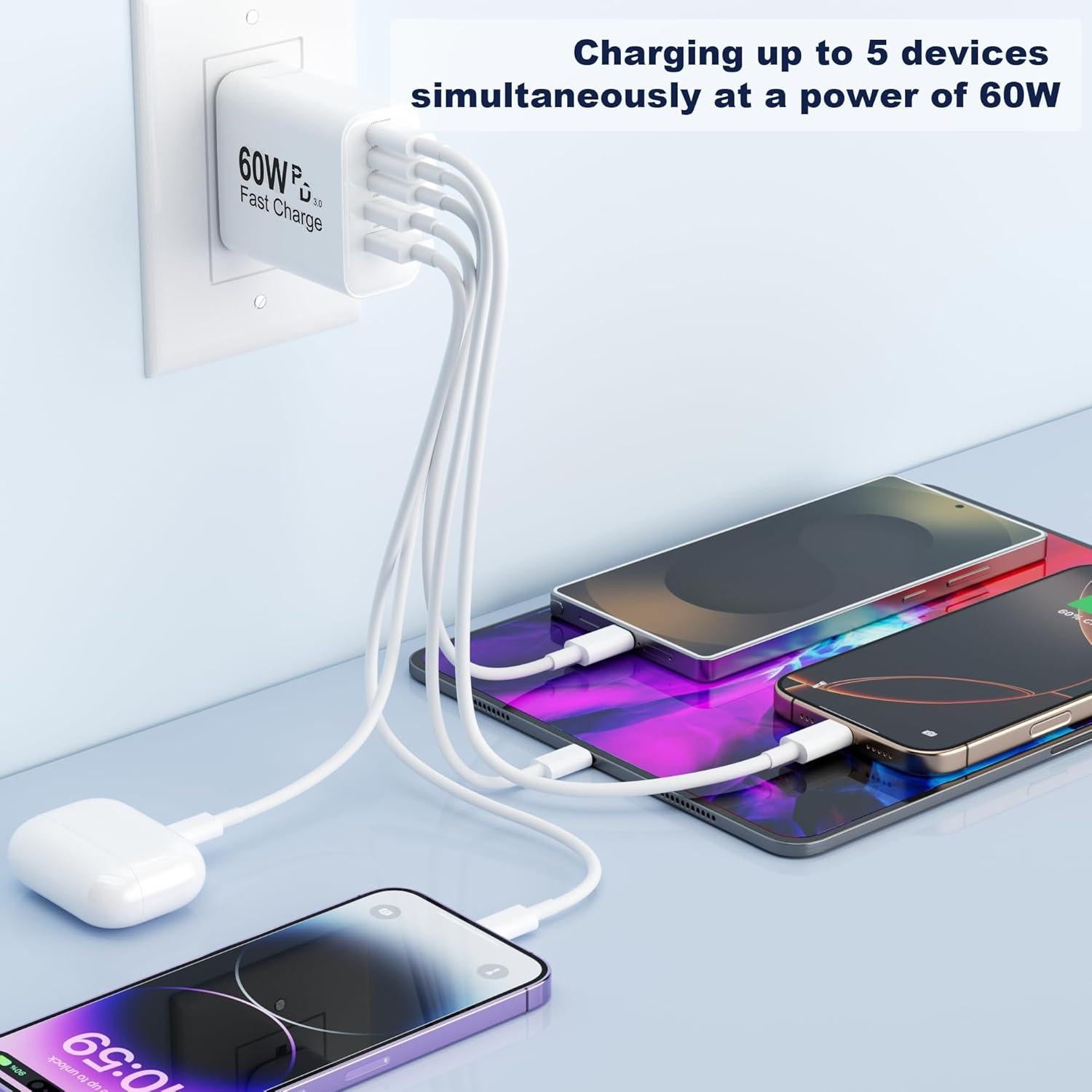Cargador USB C 60W 5 en 1 uoyssimi, Carga Rápida 25W