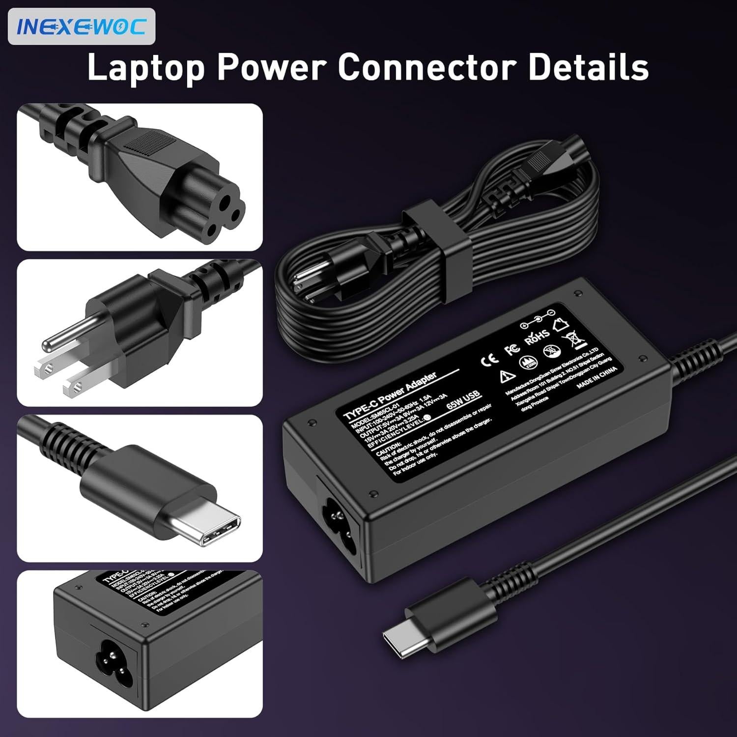 Universal 65W USB C Laptop Charger Compatible with Lenovo,HP, Dell, Acer, Asus, Samsung, Google and More, for Office, School, and Family