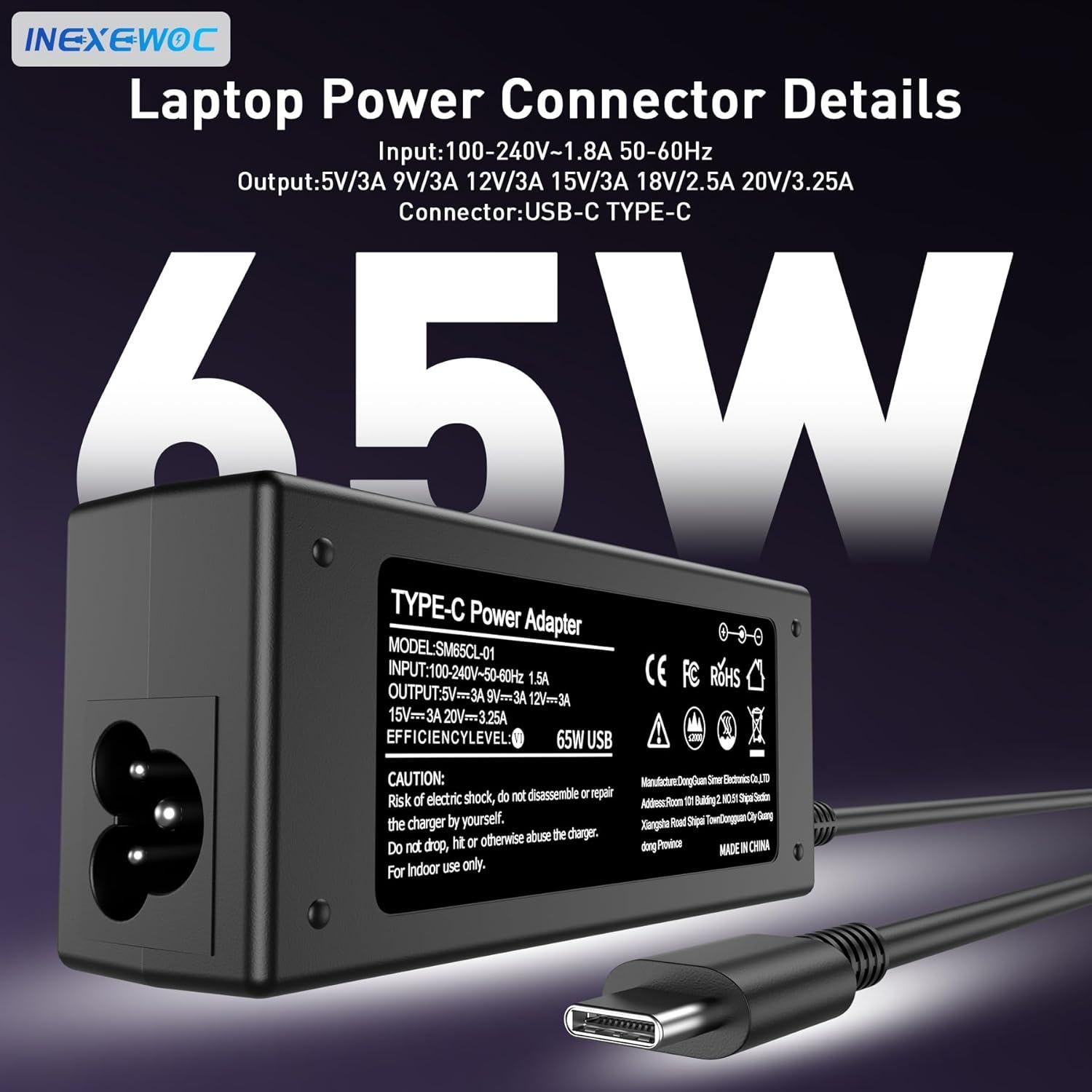 Universal 65W USB C Laptop Charger Compatible with Lenovo,HP, Dell, Acer, Asus, Samsung, Google and More, for Office, School, and Family