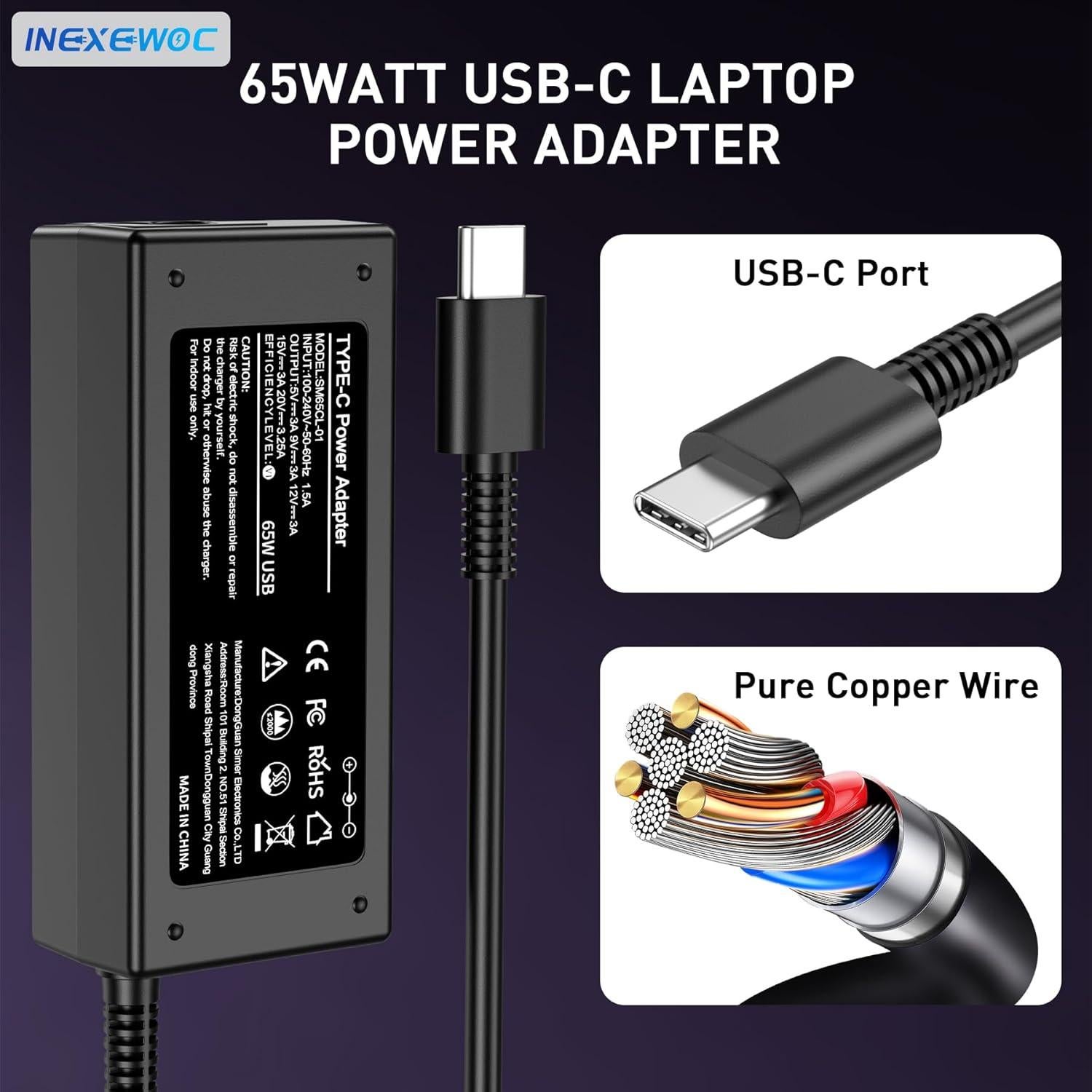 Universal 65W USB C Laptop Charger Compatible with Lenovo,HP, Dell, Acer, Asus, Samsung, Google and More, for Office, School, and Family