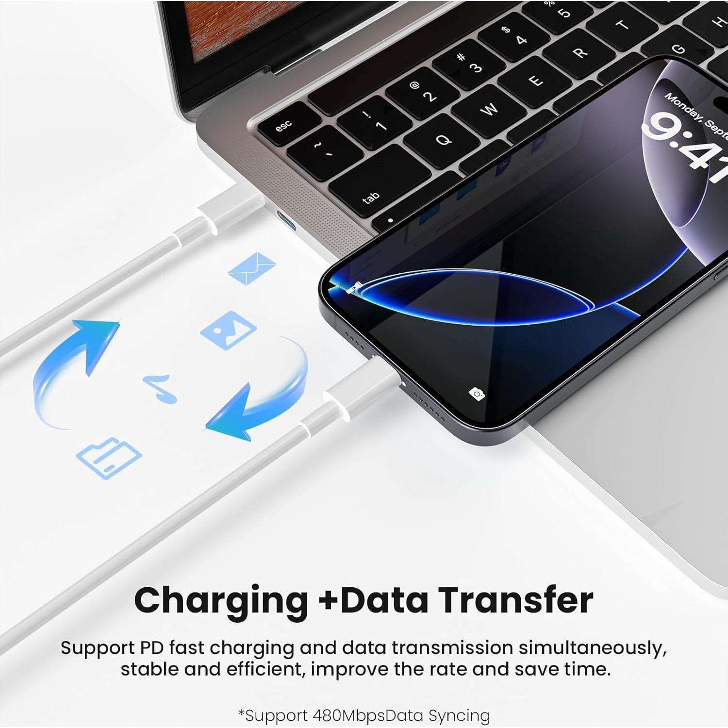 Cargador Rápido USB-C 20W + Cable 6FT para iPhone 16/15