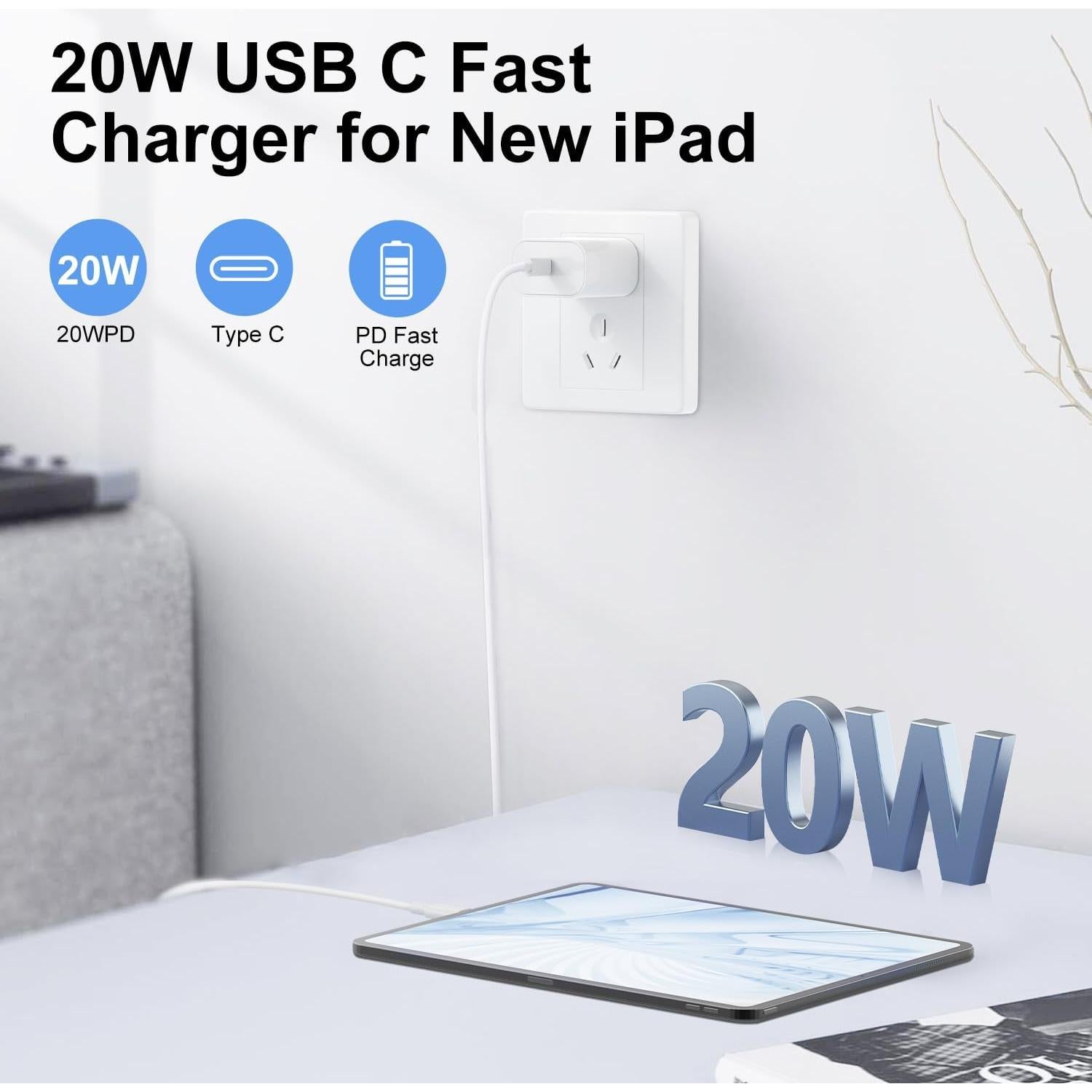 Cargador Rápido 20W USB C Apple + 2 Cables 10FT