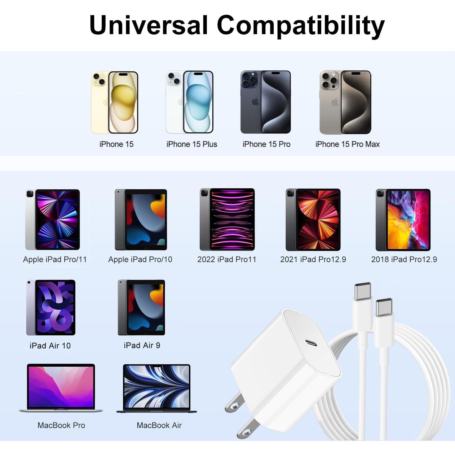 Cargador Rápido 20W USB C Apple + 2 Cables 10FT