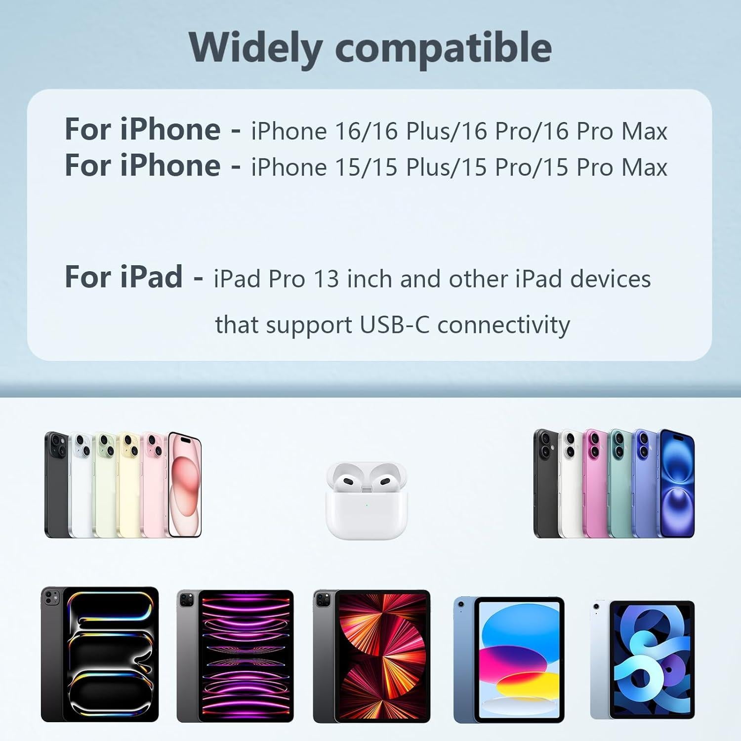 Cargador Rápido 20W USB C a C 10FT 2Pack para iPhone 16 15