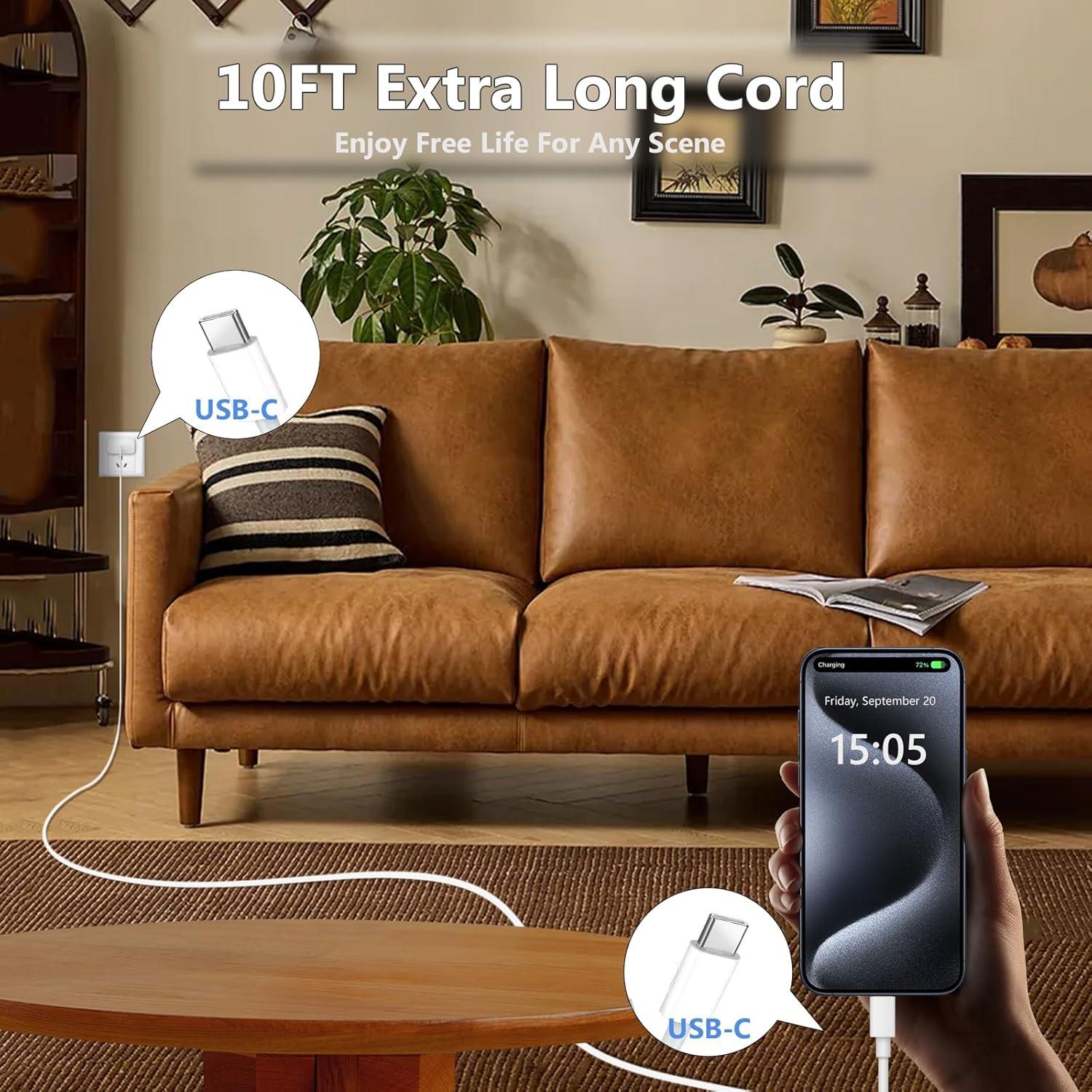 Cargador Rápido 20W USB C a C 10FT 2Pack para iPhone 16 15