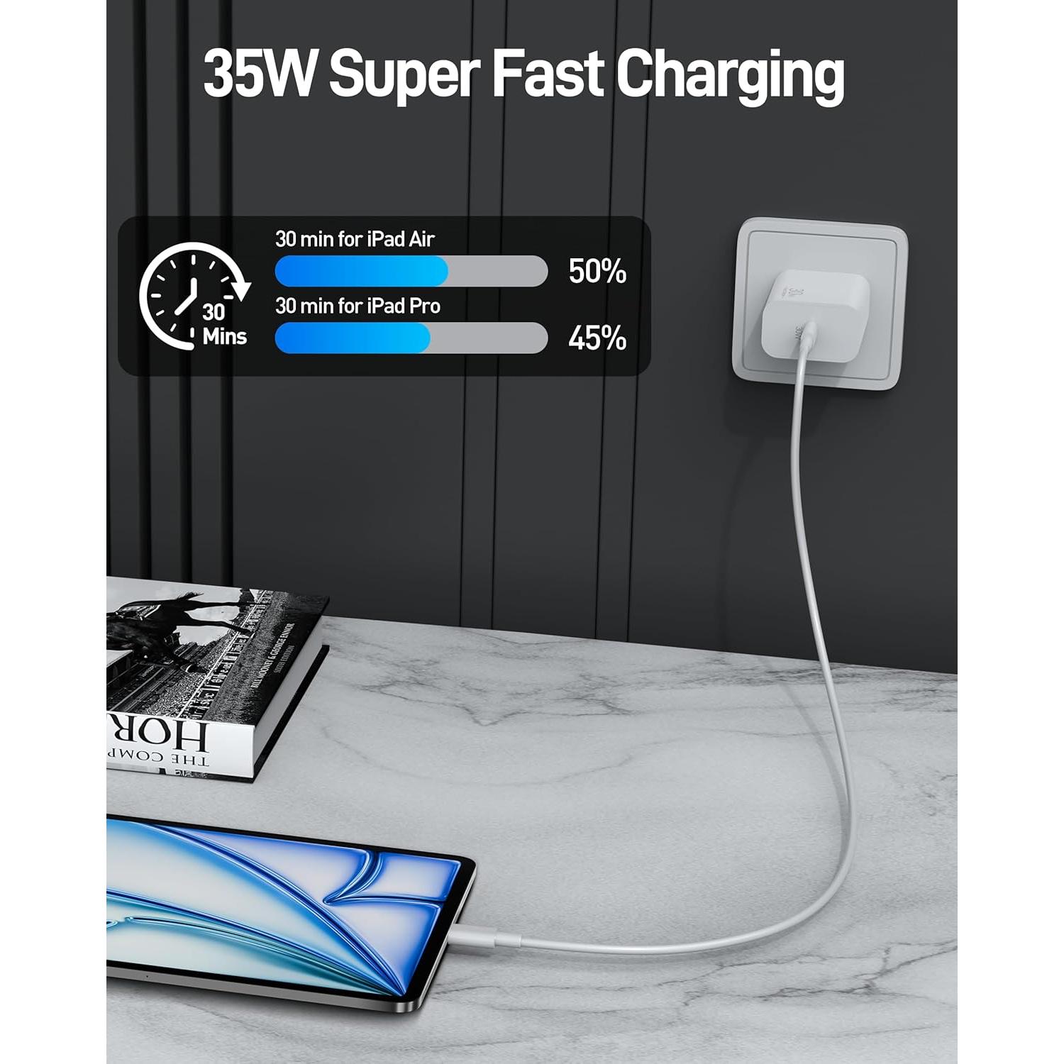 Cargador Rápido USB C 35W para iPad Pro y Air - Blanco