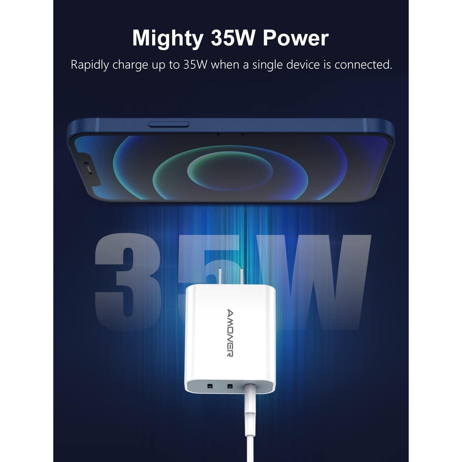 Cargador USB C Amoner 35W 3 Puertos para iPhone y Galaxy