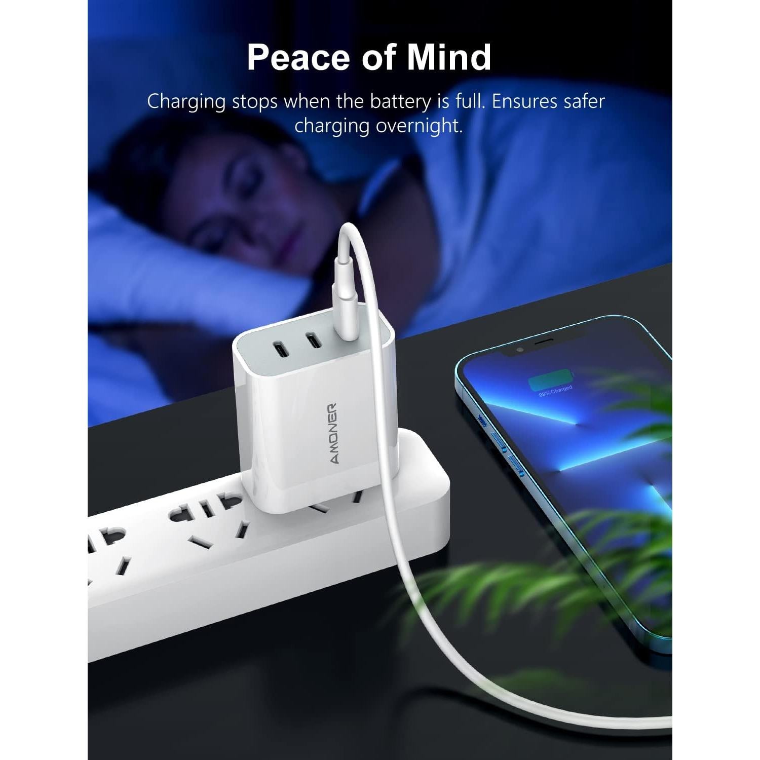 Cargador USB C Amoner 35W 3 Puertos para iPhone y Galaxy