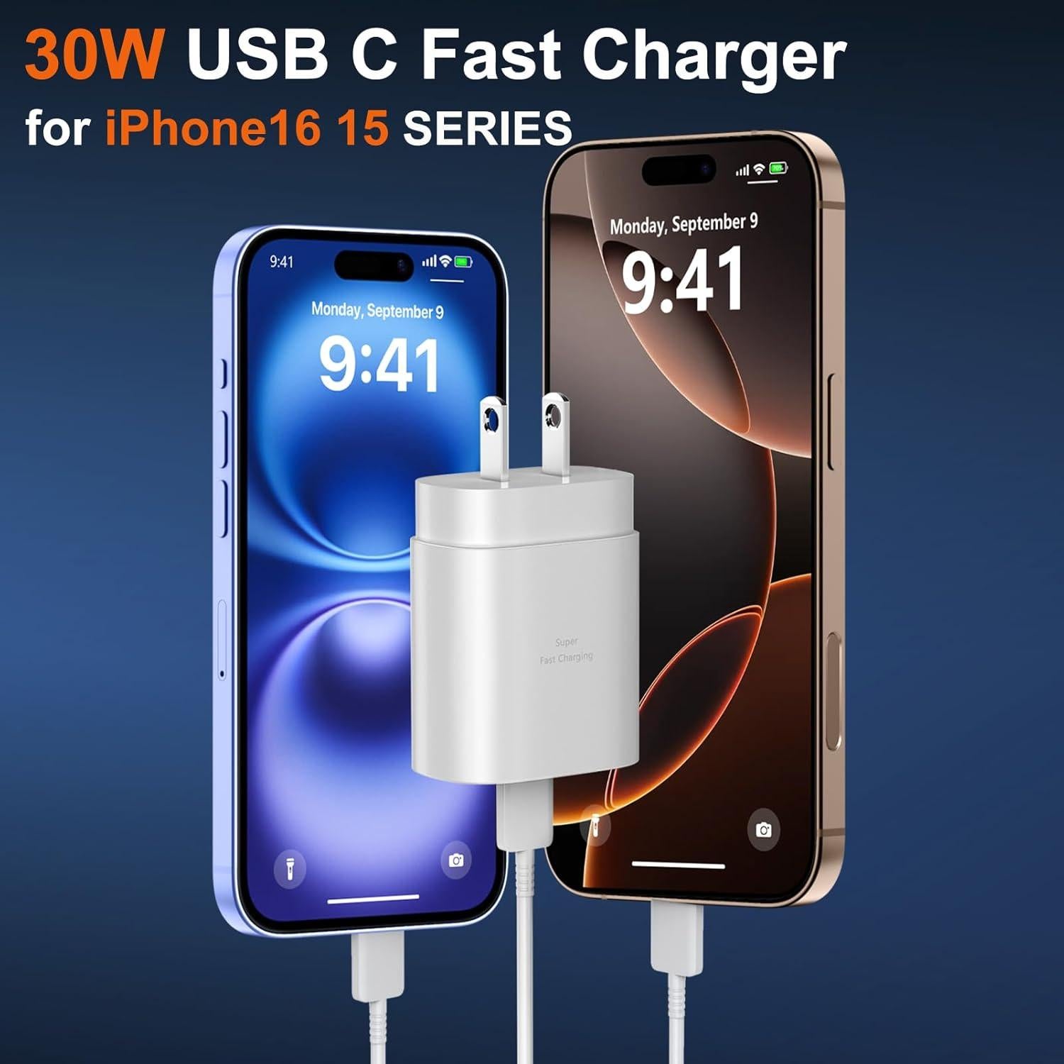 Cargador Rápido USB C 30W para iPhone 16/15 Pro Max - 10FT