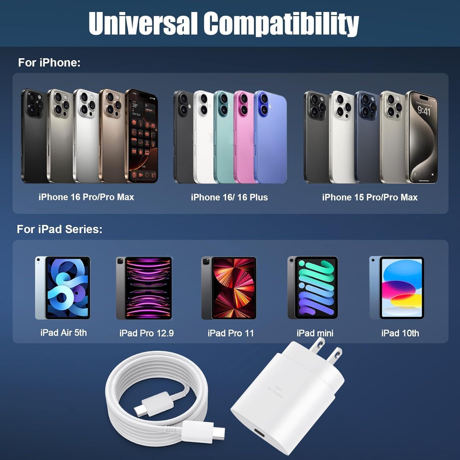 Cargador Rápido USB C 30W para iPhone 16/15 Pro Max - 10FT