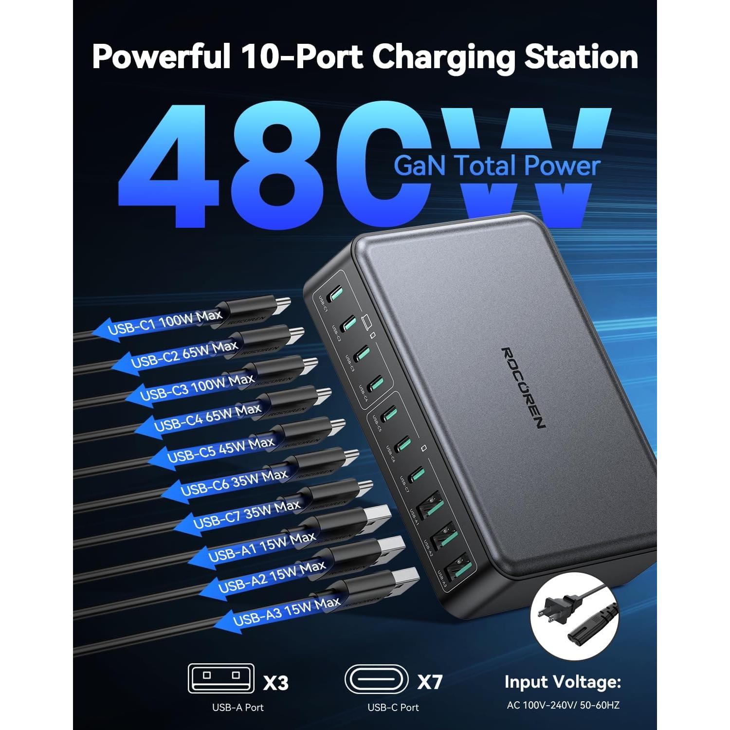 Cargador USB C Rocoren 480W Estación de Carga 10 Puertos
