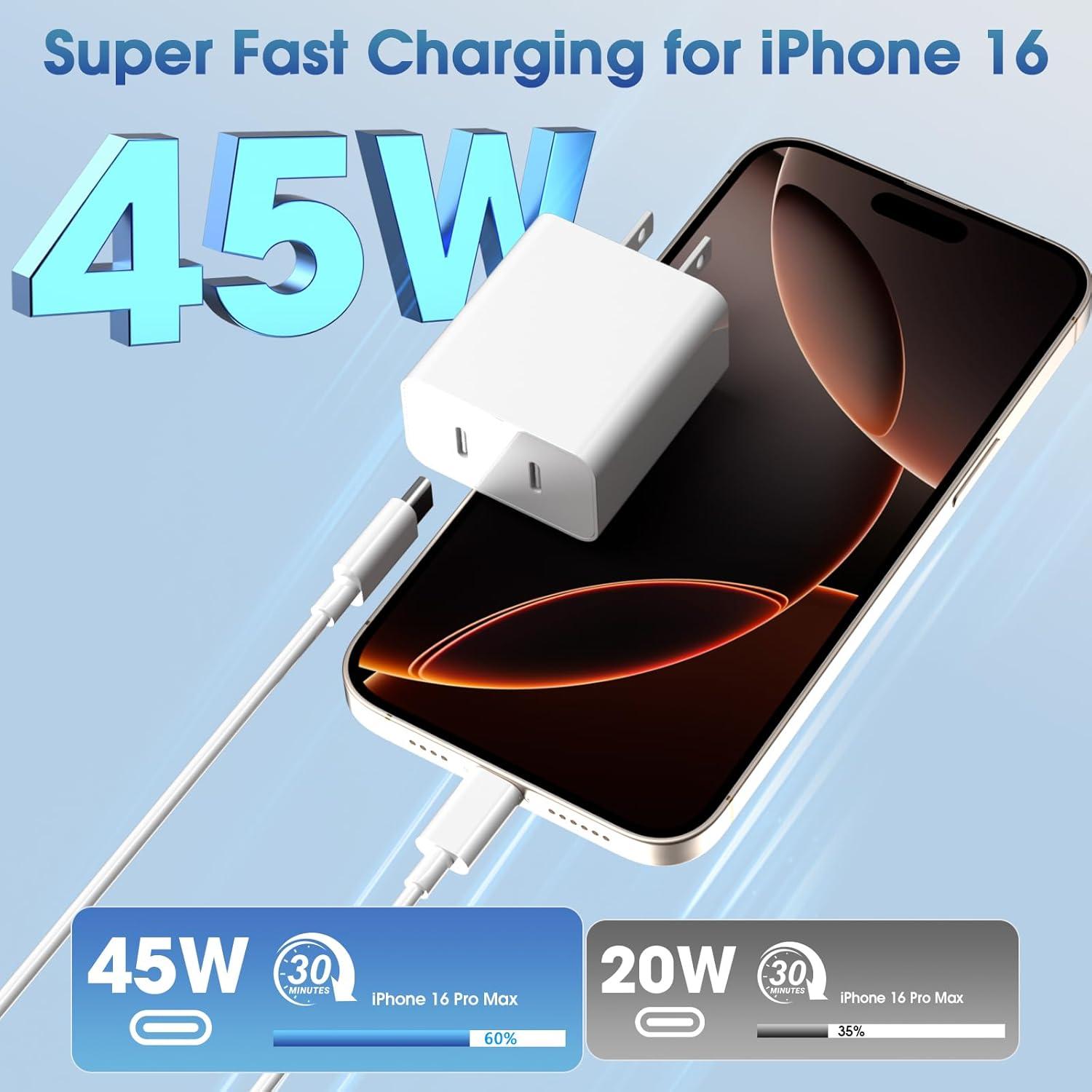 Cargador Rápido Dual USB-C 45W PGQBS para iPhone 16 Pro Max