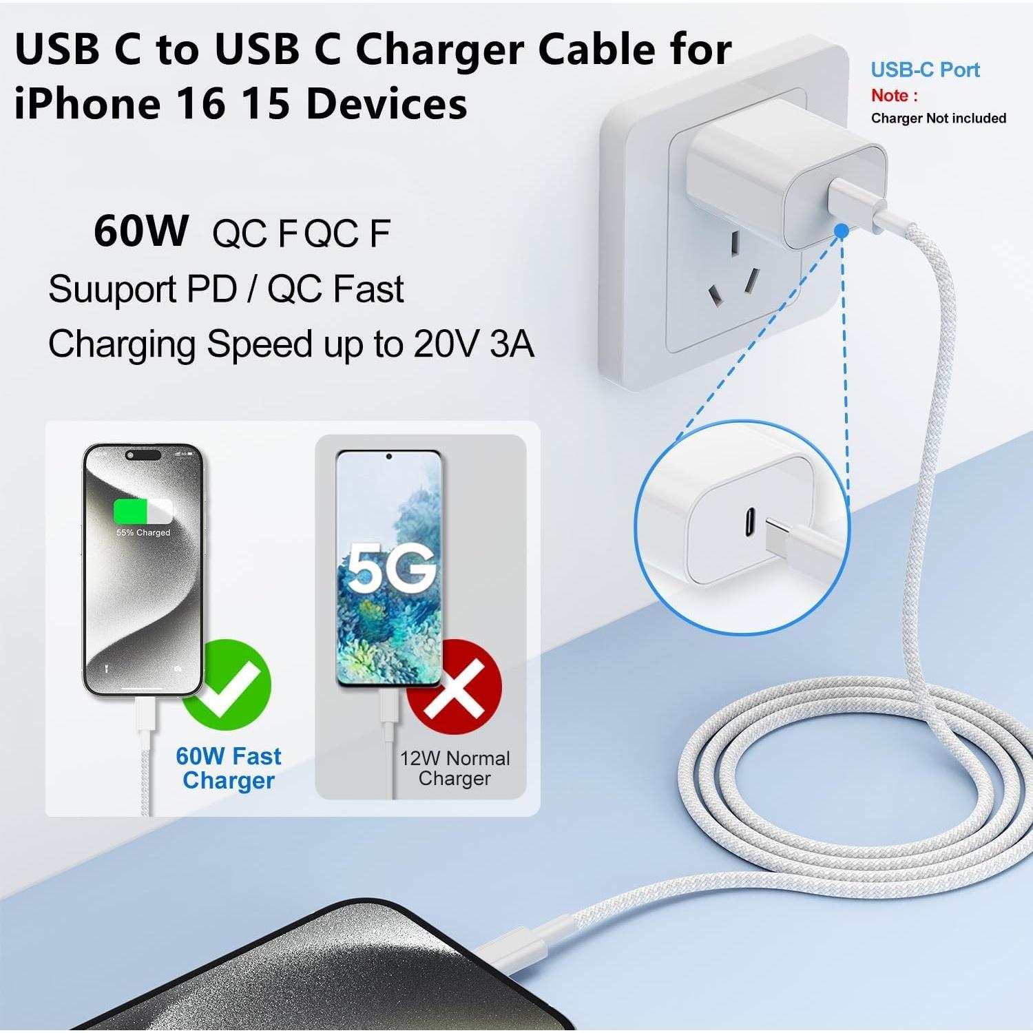 Cable de carga USB C a C 1.83m 60W Cionum para iPhone 16/15