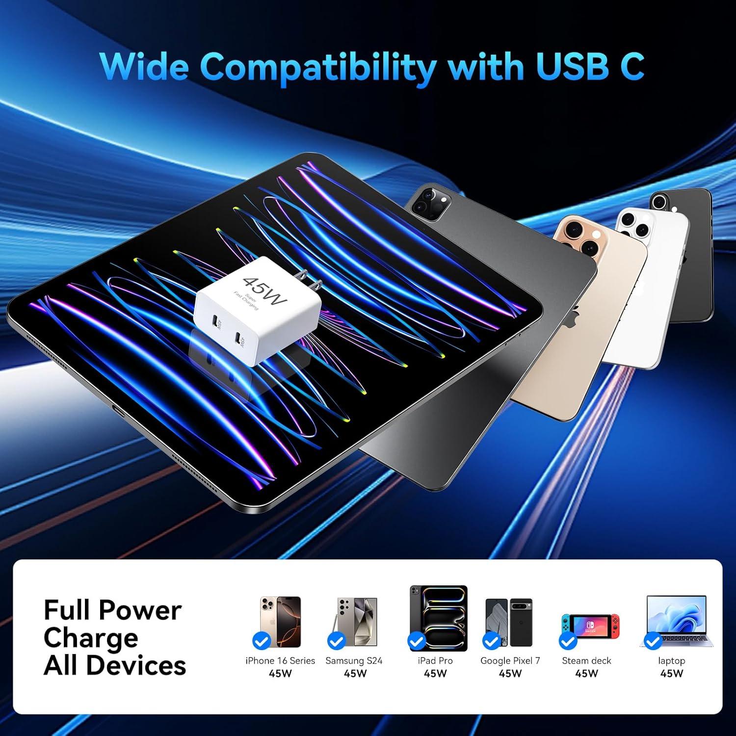 Cargador Rápido Dual USB C 45W para iPhone 16 Pro Max