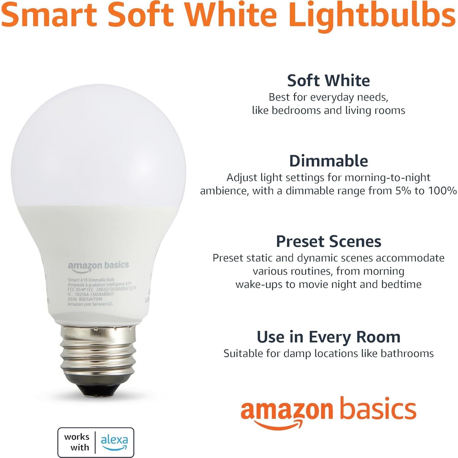 Bombilla LED A19 inteligente Amazon Basics 9W regulable blanco suave