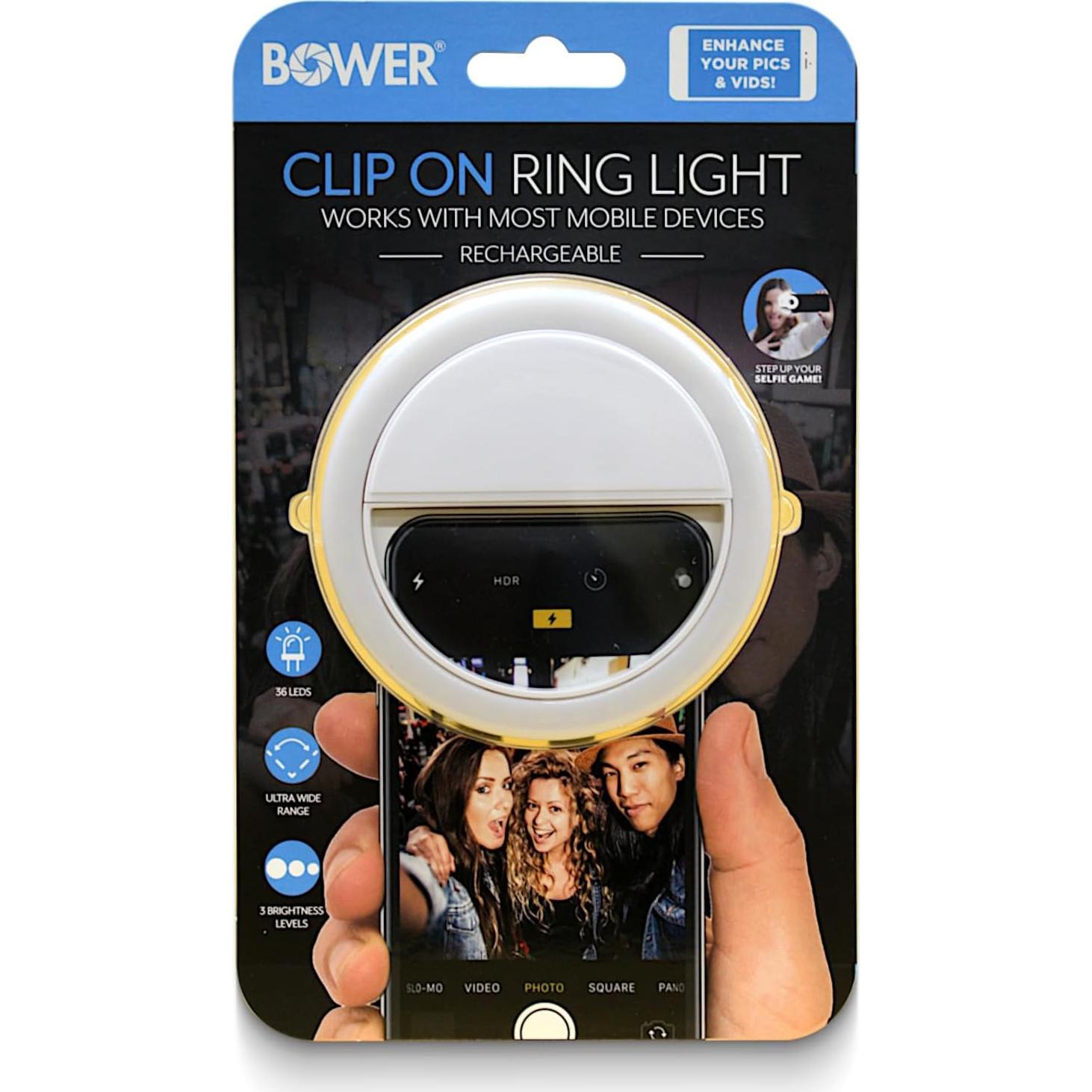 Luz de Anillo Clip-On Bower 36 LED Recargable para Selfies