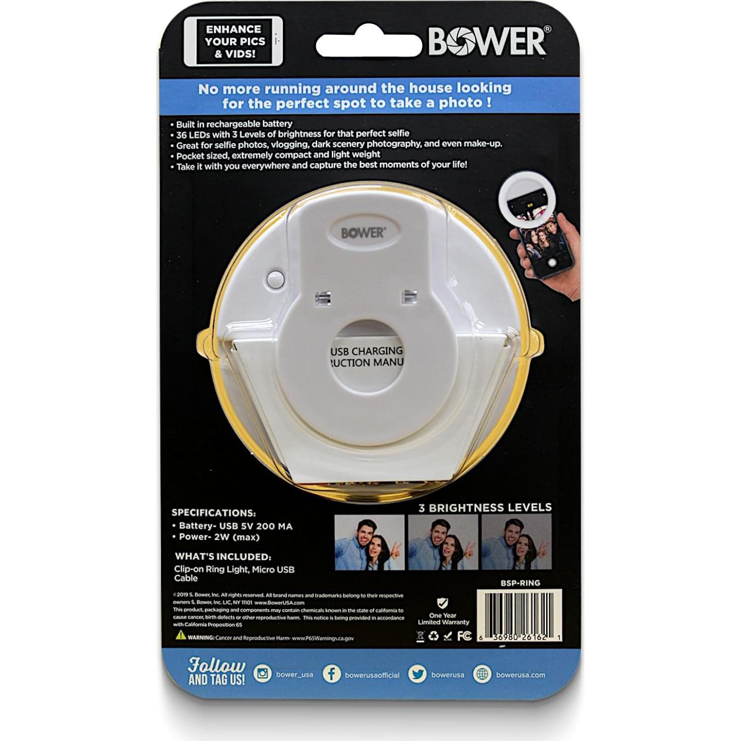 Luz de Anillo Clip-On Bower 36 LED Recargable para Selfies