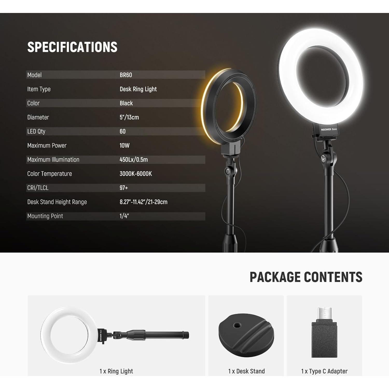 Luz de Anillo LED NEEWER BR60 10W Ajustable para Selfies