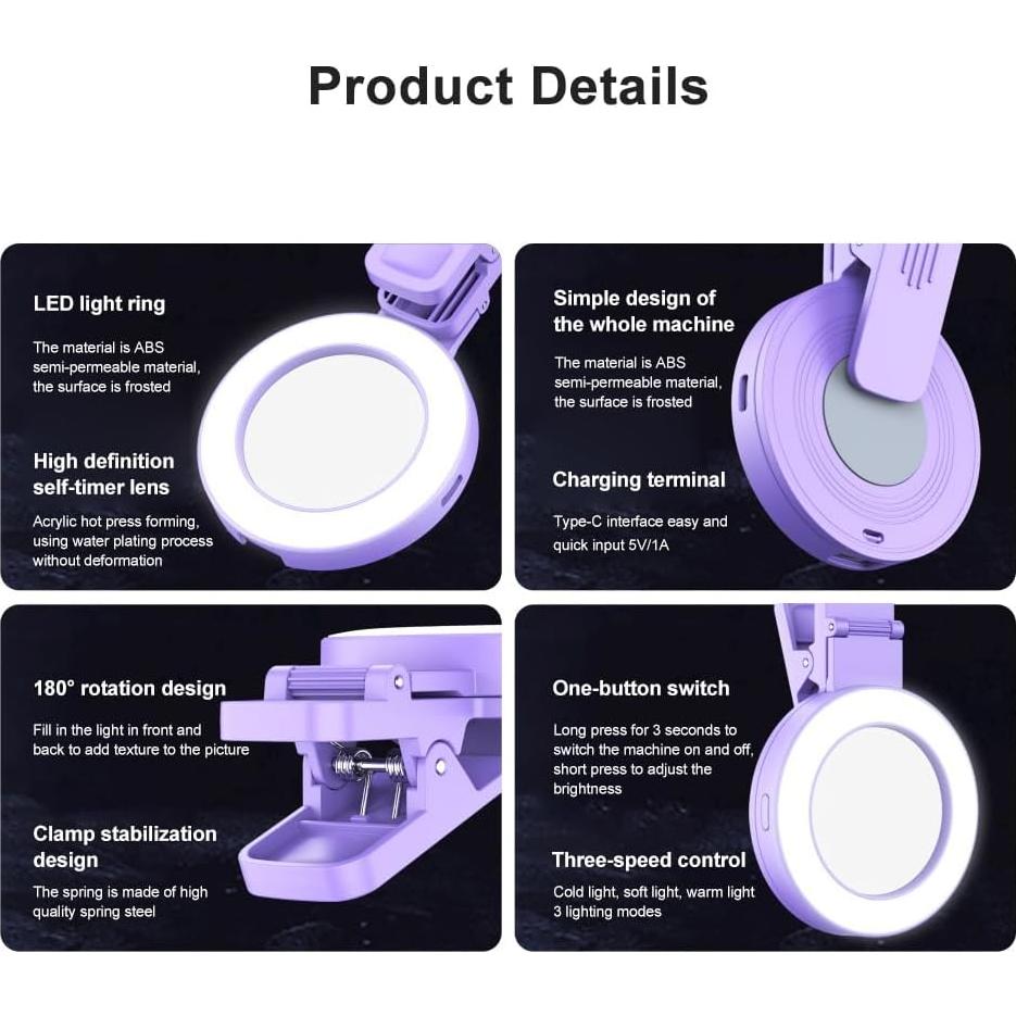 Luz de Anillo Selfie Andoer Clip-on con Espejo 3 Modos