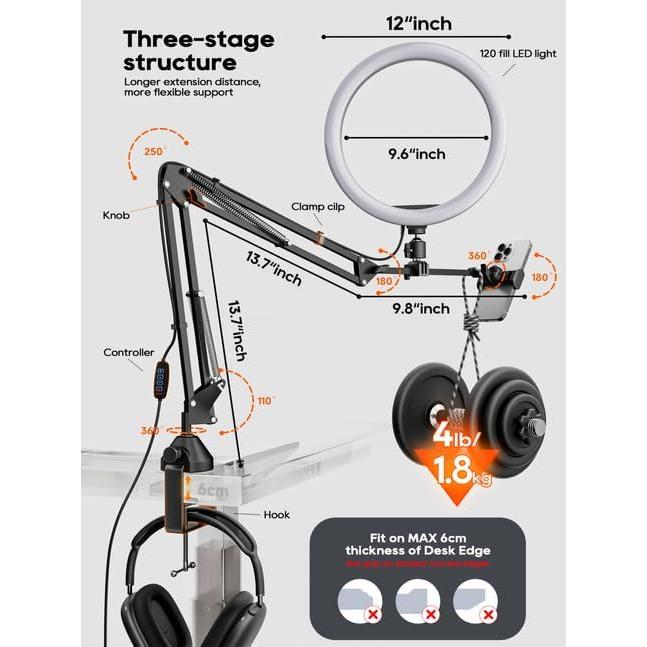 Soporte de teléfono con luz de anillo LED 30 cm CACENCAN