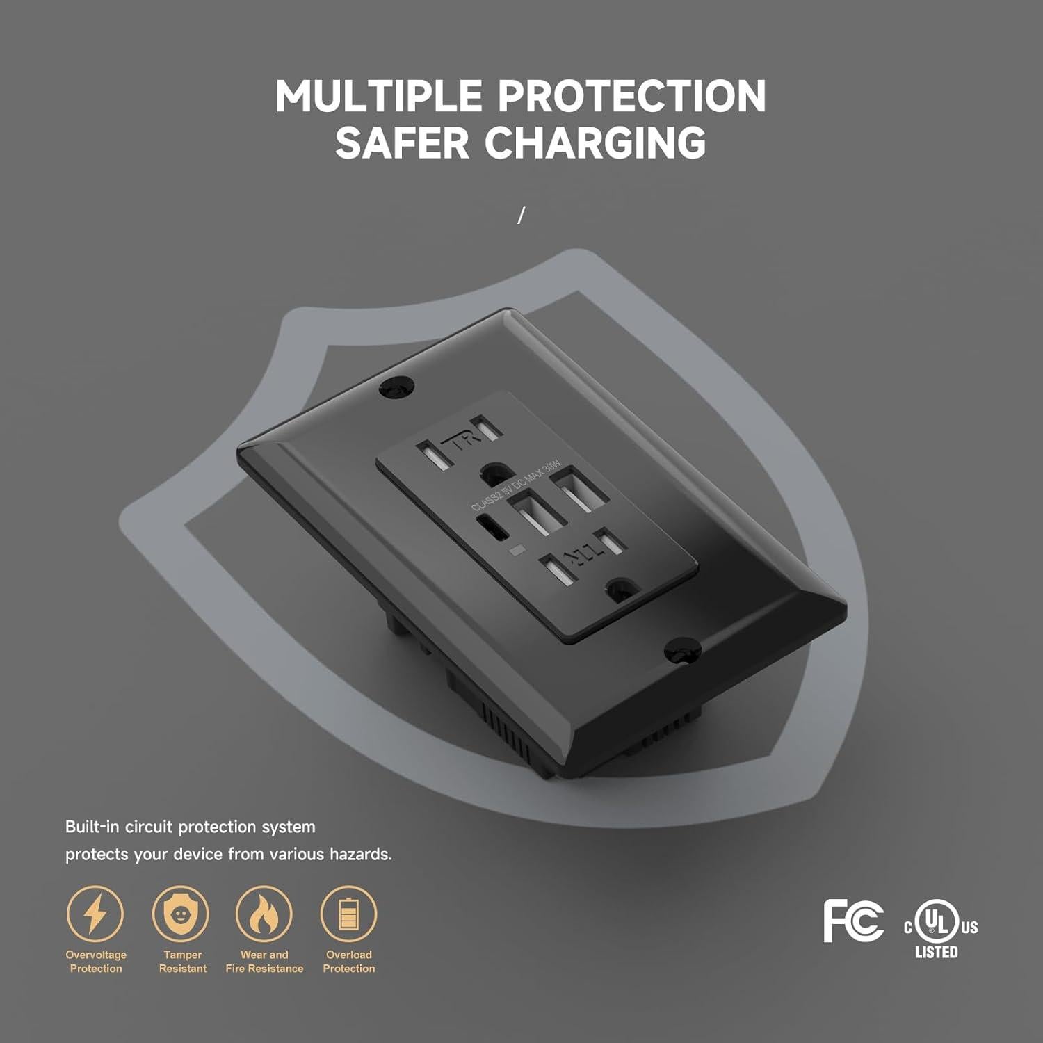 Enchufe USB C 15A Alastech con 3 Puertos 30W Negro