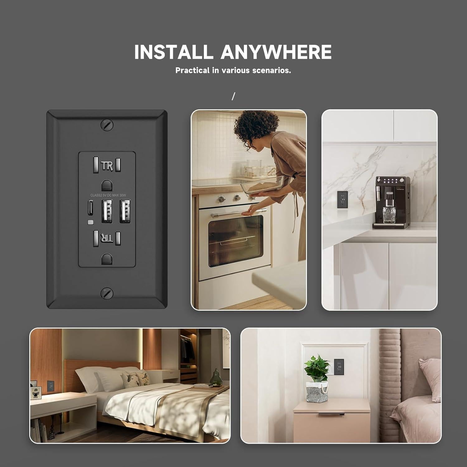 Enchufe USB C 15A Alastech con 3 Puertos 30W Negro