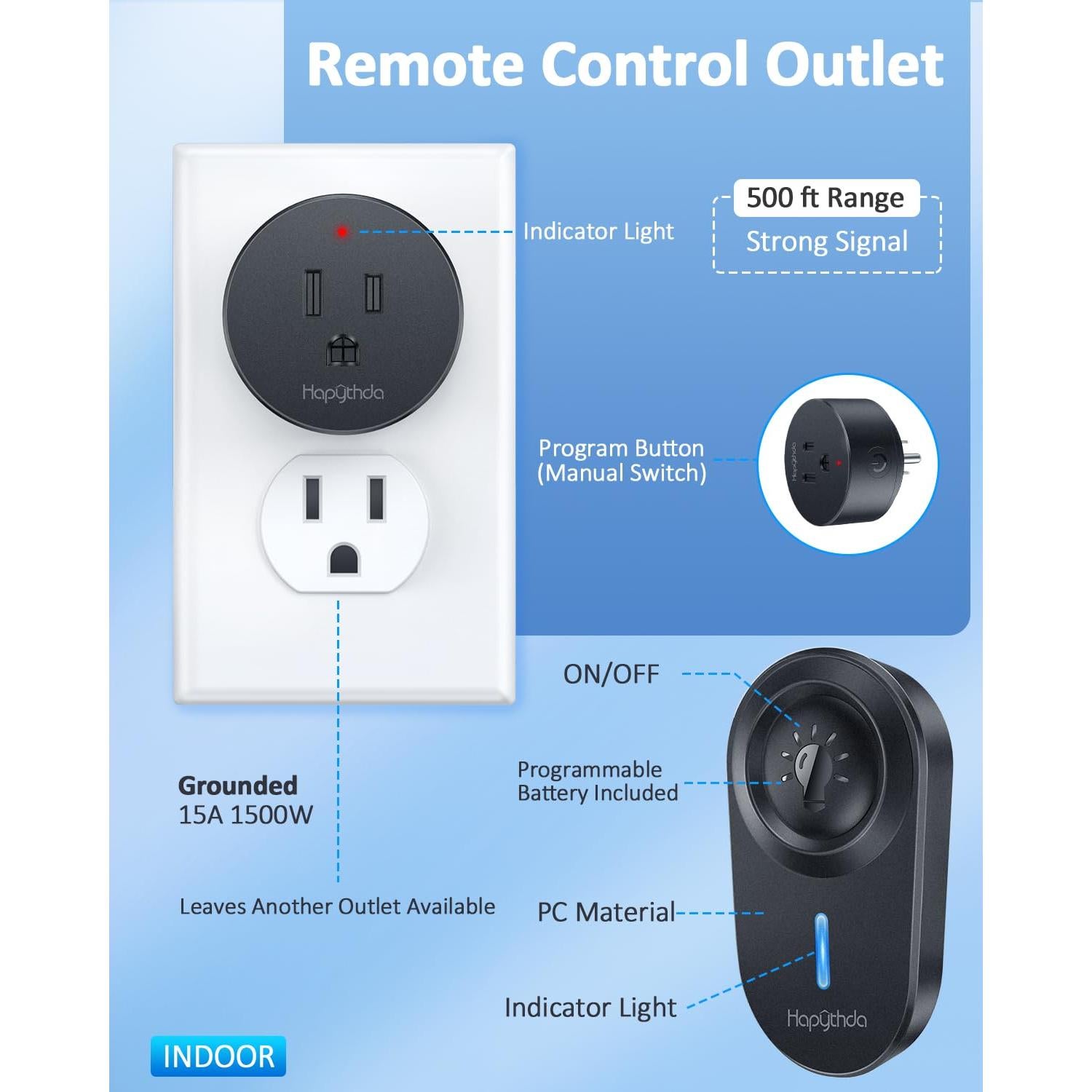 Enchufe Remoto Inalámbrico HAPYTHDA 15A 1500W Negro