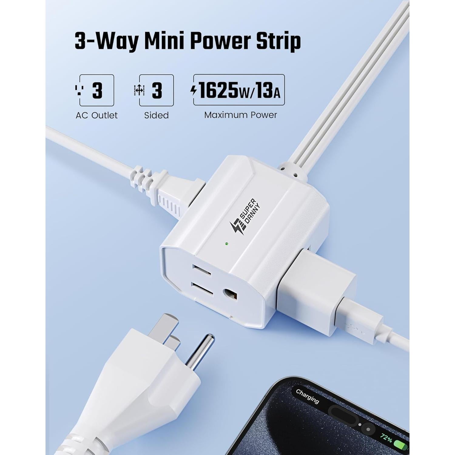 Cable de Extensión 0.46m SUPERDANNY 3 Salidas Enchufe Plano