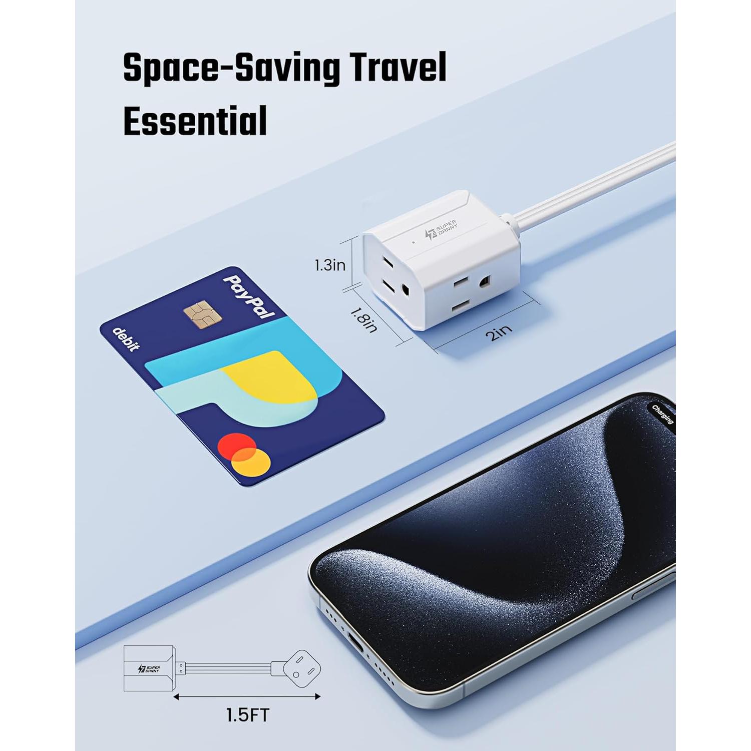 Cable de Extensión 0.46m SUPERDANNY 3 Salidas Enchufe Plano