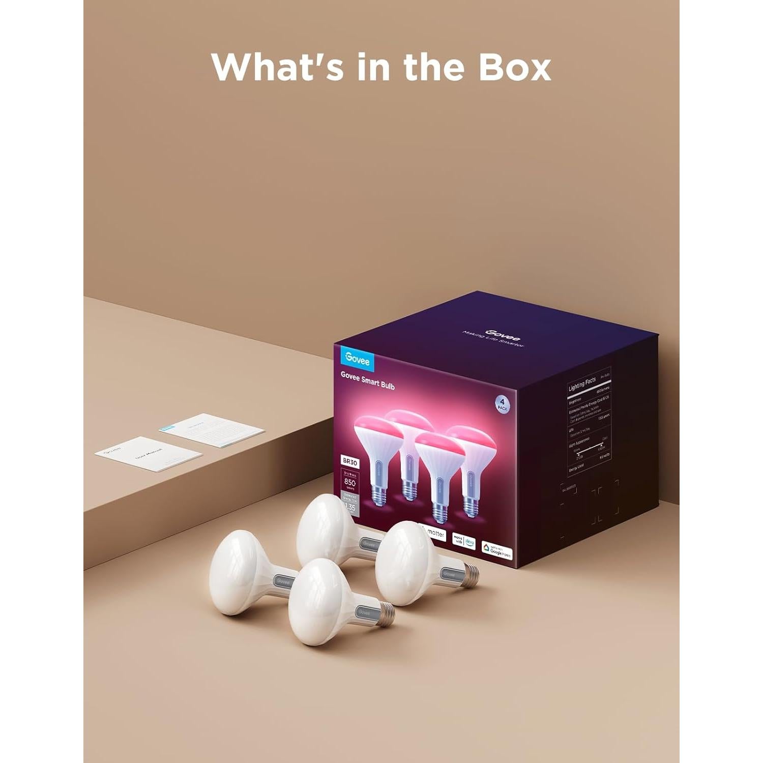 Bombillas Inteligentes Govee BR30 RGBWW, 850 Lúmenes, Paquete de 4