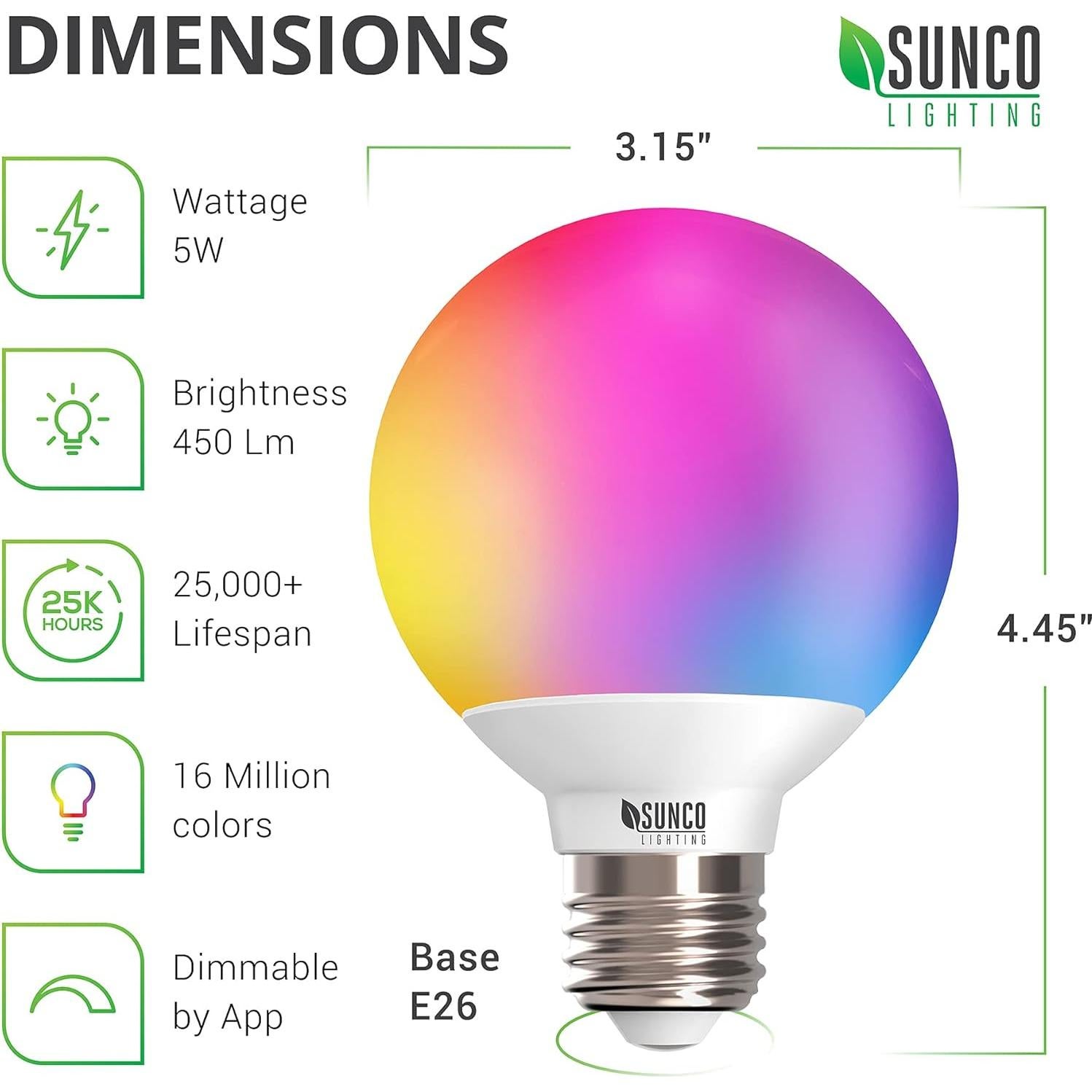 Bombillas Inteligentes G25 LED Sunco, 5W, RGB, Dimmables, 2 Pzas