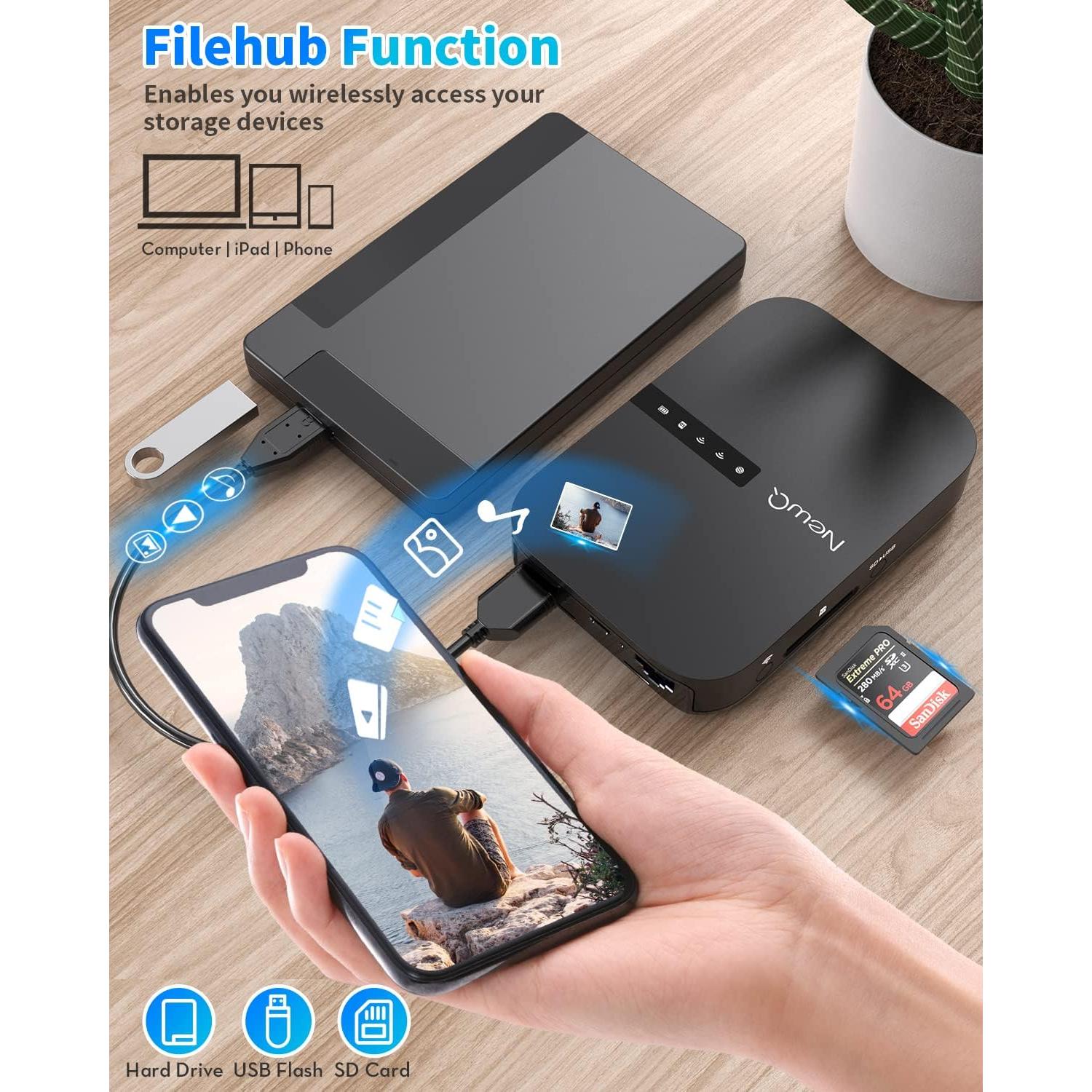 Router Inalámbrico Portátil NewQ B3 AC750 con Filehub y Lector SD