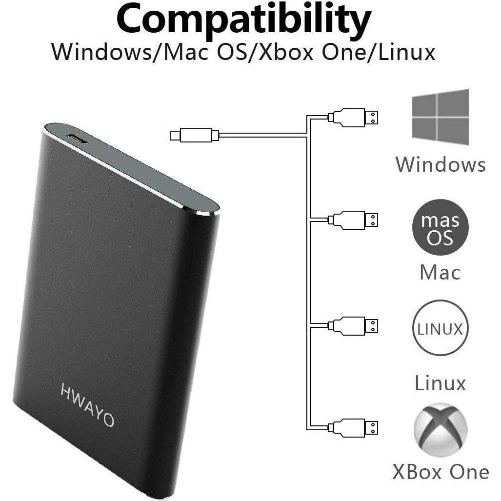 Disco Duro Externo Portátil HWAYO 1TB USB 3.1 Tipo C Negro