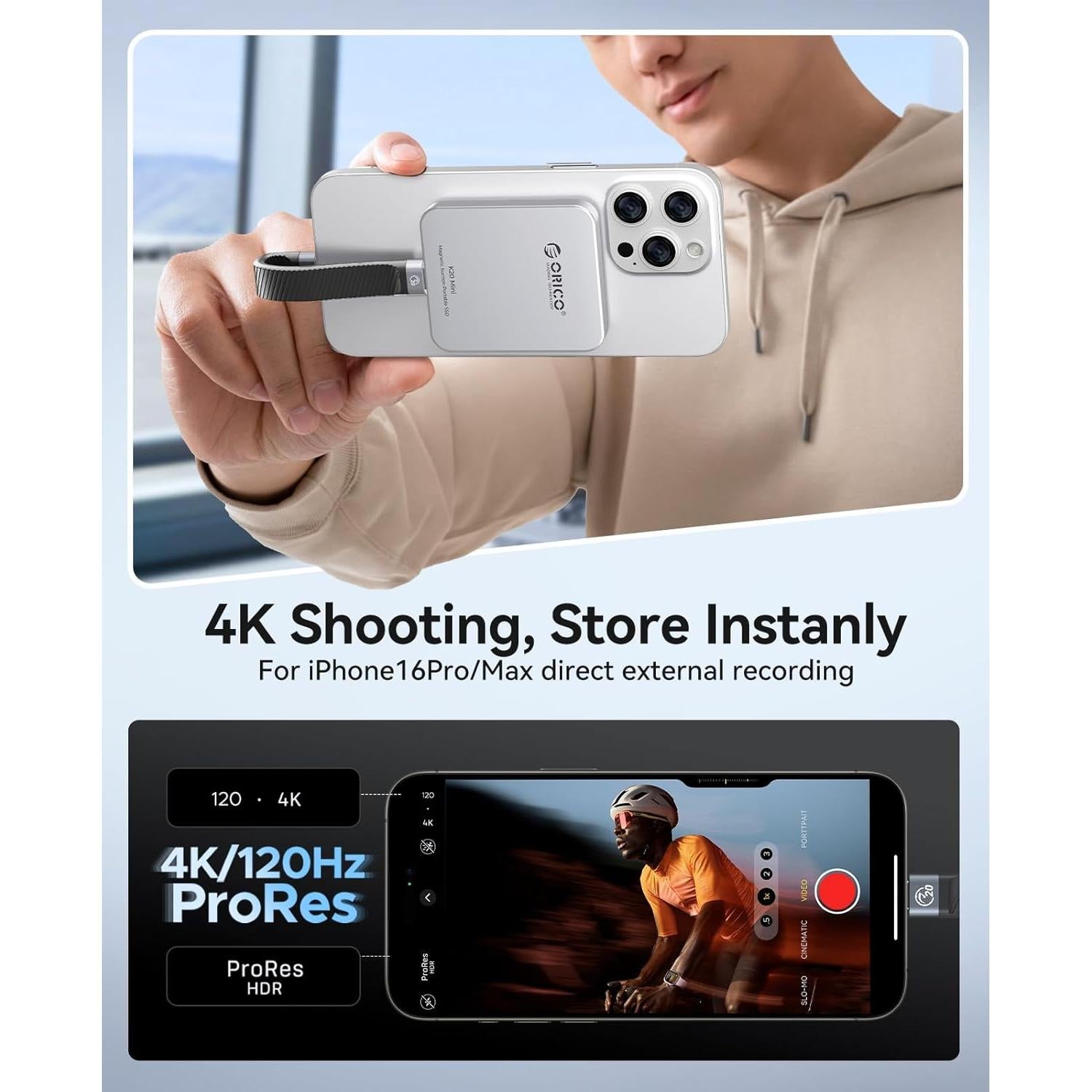 ORICO 1TB Magnetic External SSD, Aluminum Alloy, Up to 2000MB/s, 4K 120Hz ProRes HDR Record and Store, External Solid State Drive, Compatible with iPhone 16 Pro Max, Tablet, Computer - K20MINI