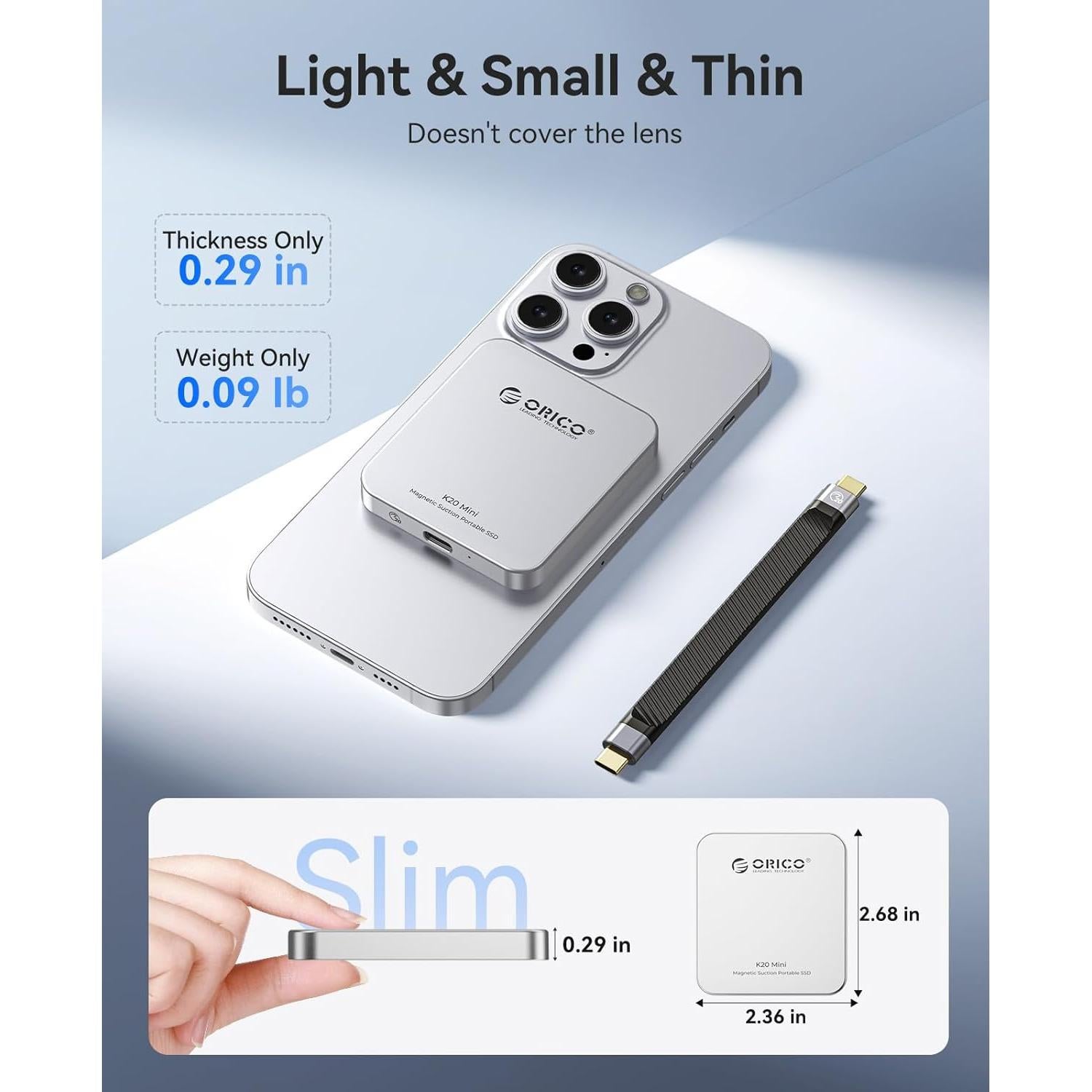 ORICO 1TB Magnetic External SSD, Aluminum Alloy, Up to 2000MB/s, 4K 120Hz ProRes HDR Record and Store, External Solid State Drive, Compatible with iPhone 16 Pro Max, Tablet, Computer - K20MINI