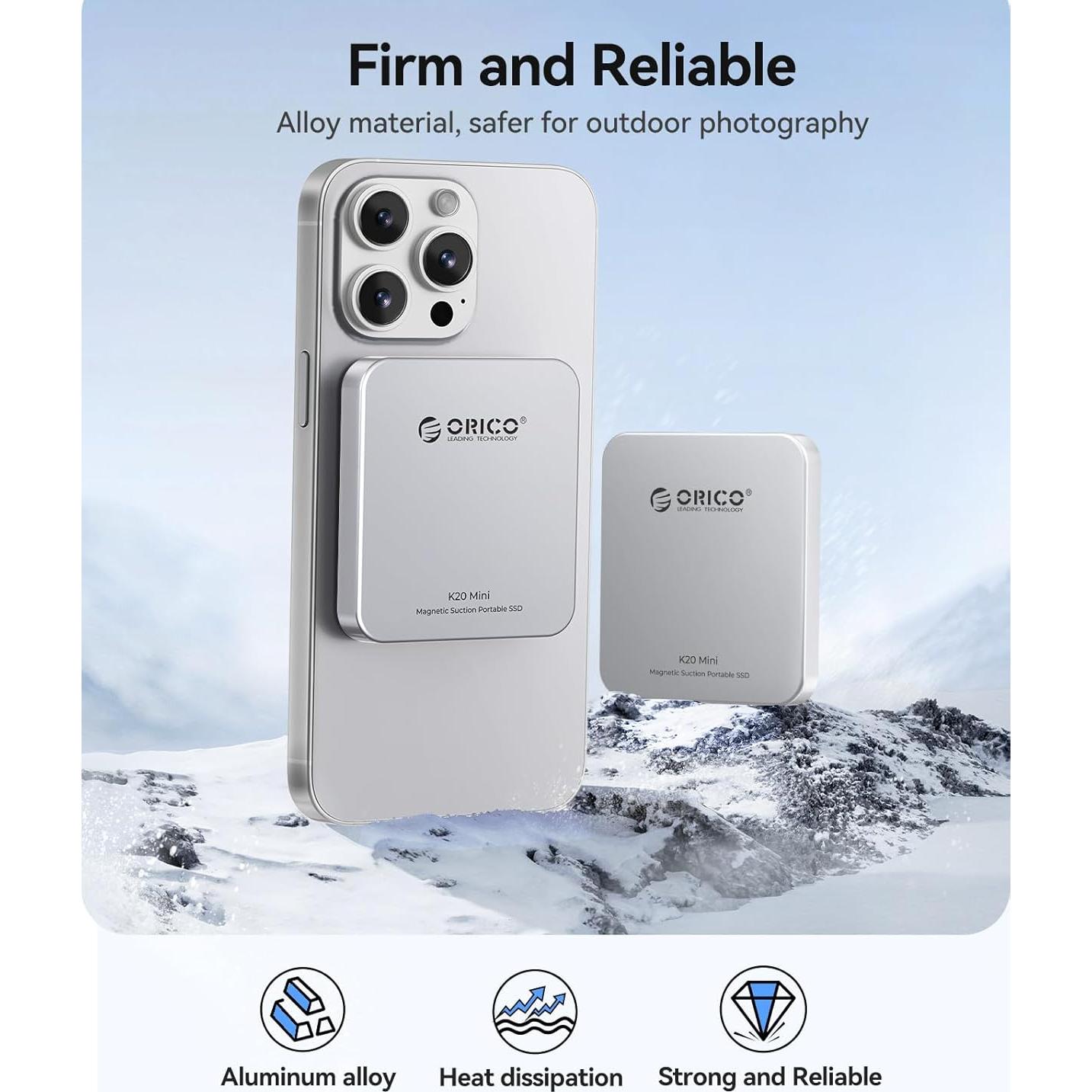 ORICO 1TB Magnetic External SSD, Aluminum Alloy, Up to 2000MB/s, 4K 120Hz ProRes HDR Record and Store, External Solid State Drive, Compatible with iPhone 16 Pro Max, Tablet, Computer - K20MINI