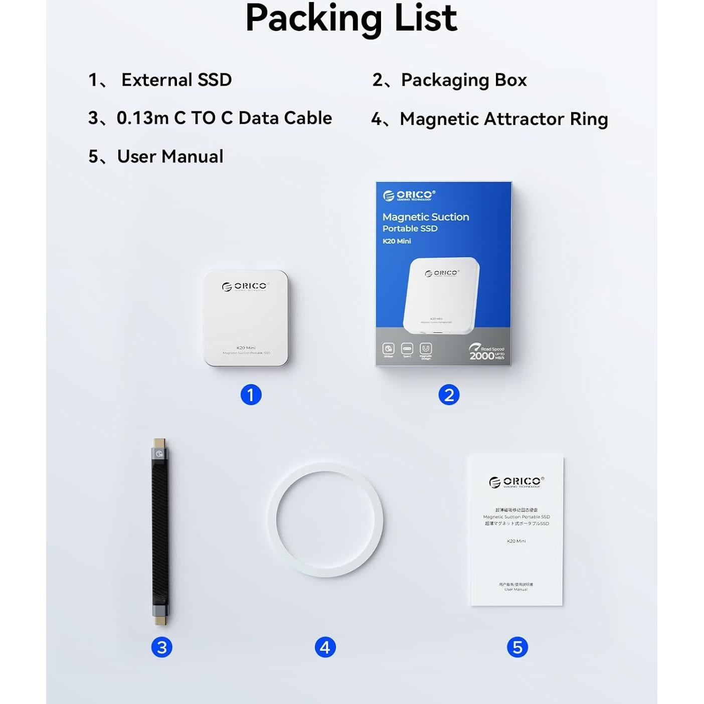 ORICO 1TB Magnetic External SSD, Aluminum Alloy, Up to 2000MB/s, 4K 120Hz ProRes HDR Record and Store, External Solid State Drive, Compatible with iPhone 16 Pro Max, Tablet, Computer - K20MINI