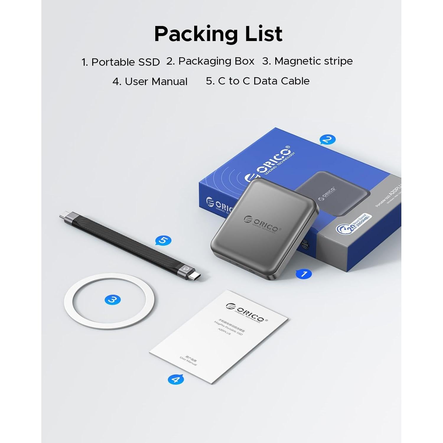 ORICO 512 GB Magnetic External SSD, 4K ProRes HDR Record and Store, 2000MB/s Stable Transmission and Storage, Portable Solid State Drive, Compatible with Smartphone, Tablet, Computer - A20PLUS