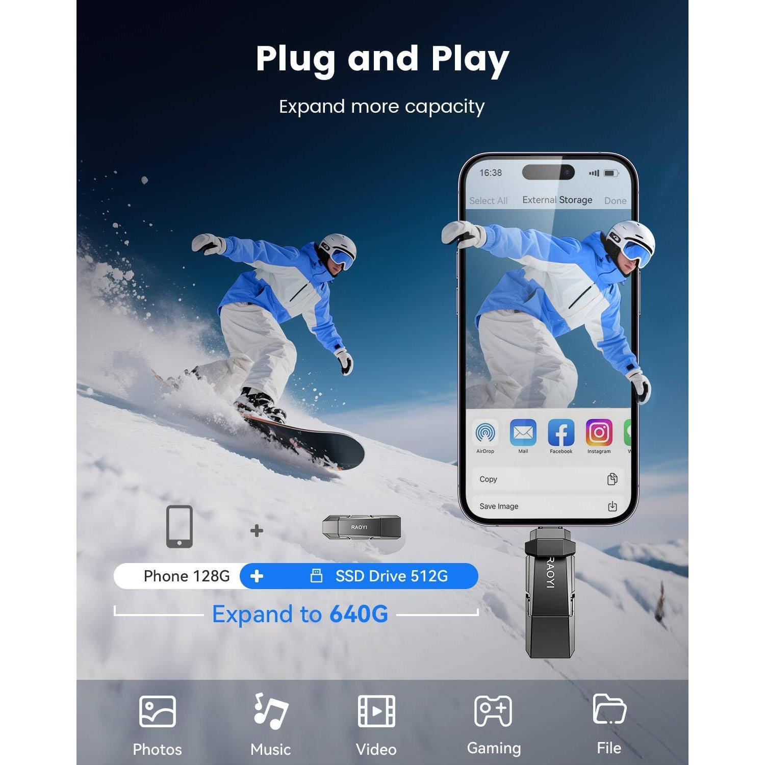 RAOYI SSD Externo 512GB USB-C y USB-A 2-en-1 450MB/s