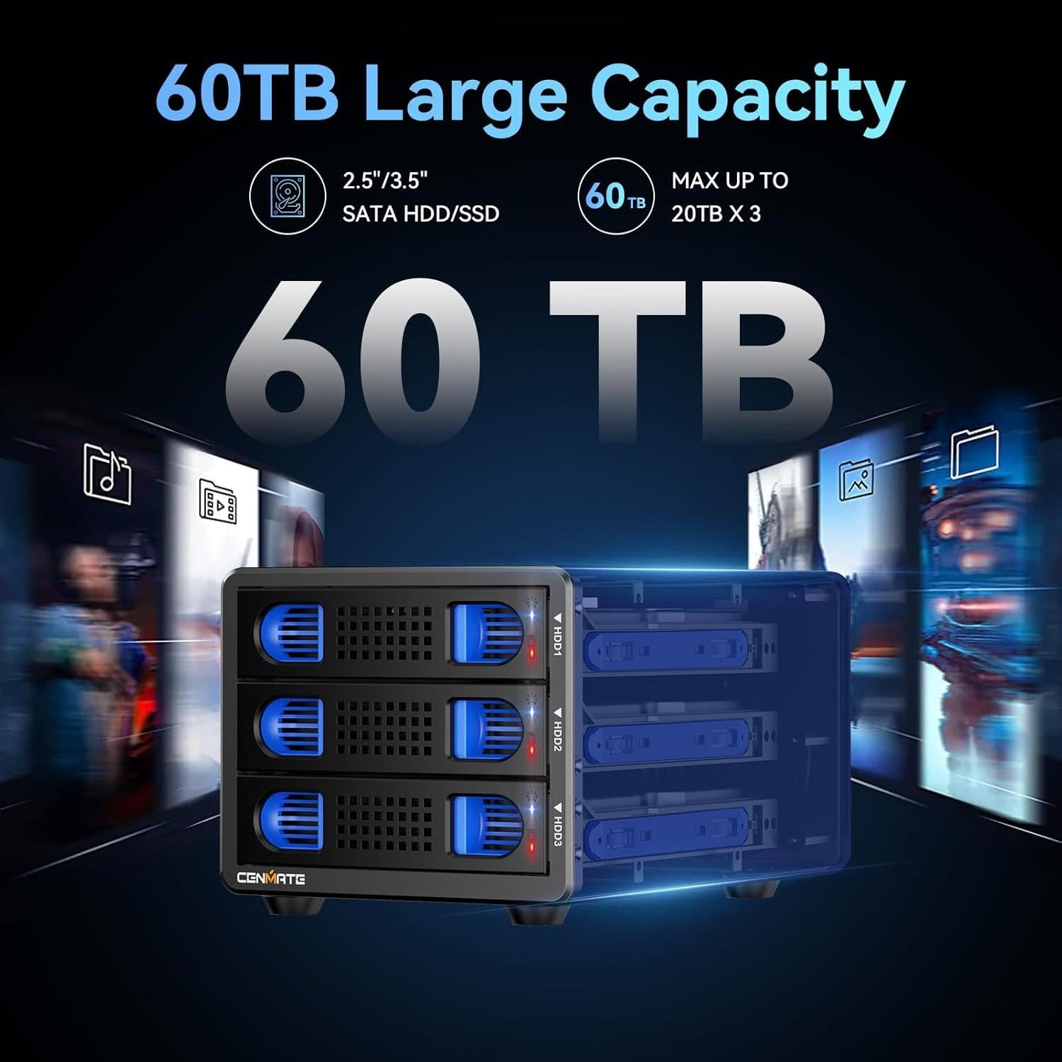 Caja de Disco Duro Externa Cenmate 3 Bahías USB 3.0 60TB