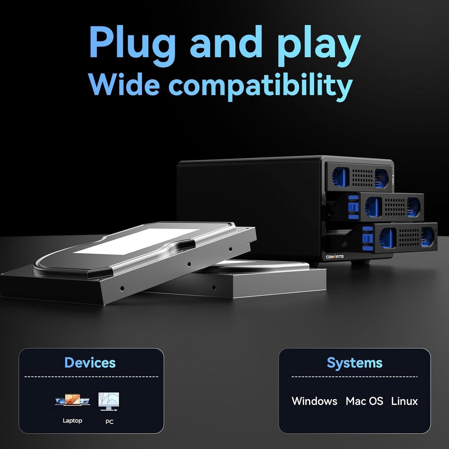 Caja de Disco Duro Externa Cenmate 3 Bahías USB 3.0 60TB