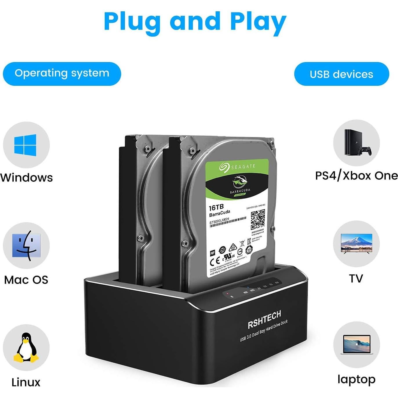 Hard Drive Dock, RSHTECH Aluminum USB 3.0 to SATA Dual Bay External Hard Drive Docking Station for 2.5 & 3.5 inch SATA HDD SSD with Offline Clone/Duplicator Function, Support UASP & 2x16TB (RSH-DS01)