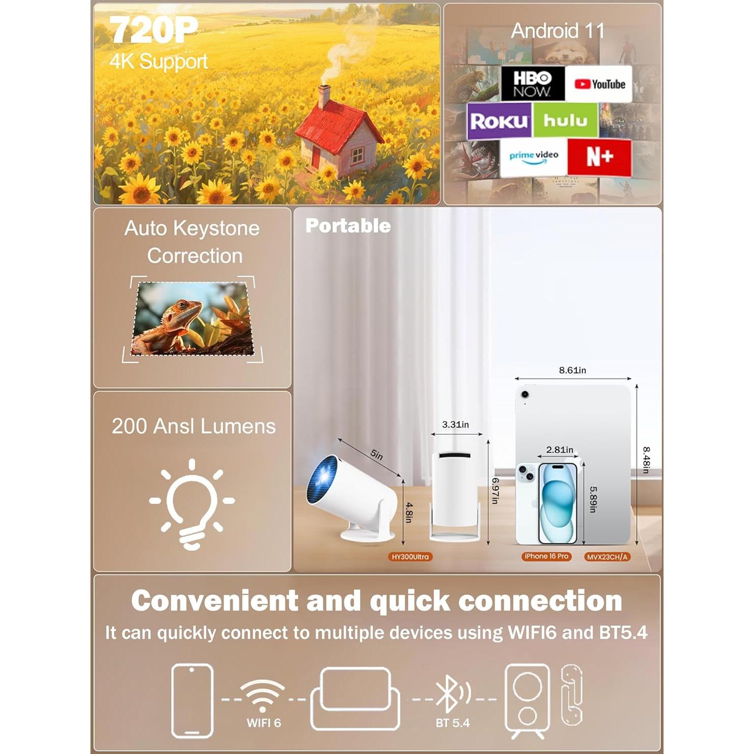 Proyector Portátil 4K WellSonic Hy300 Pro+ con WiFi y Bluetooth