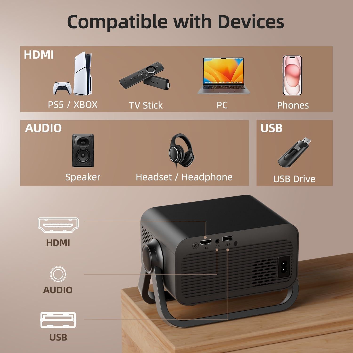 Proyector portátil BKZ V18 1080P Bluetooth 5.4 ajuste automático