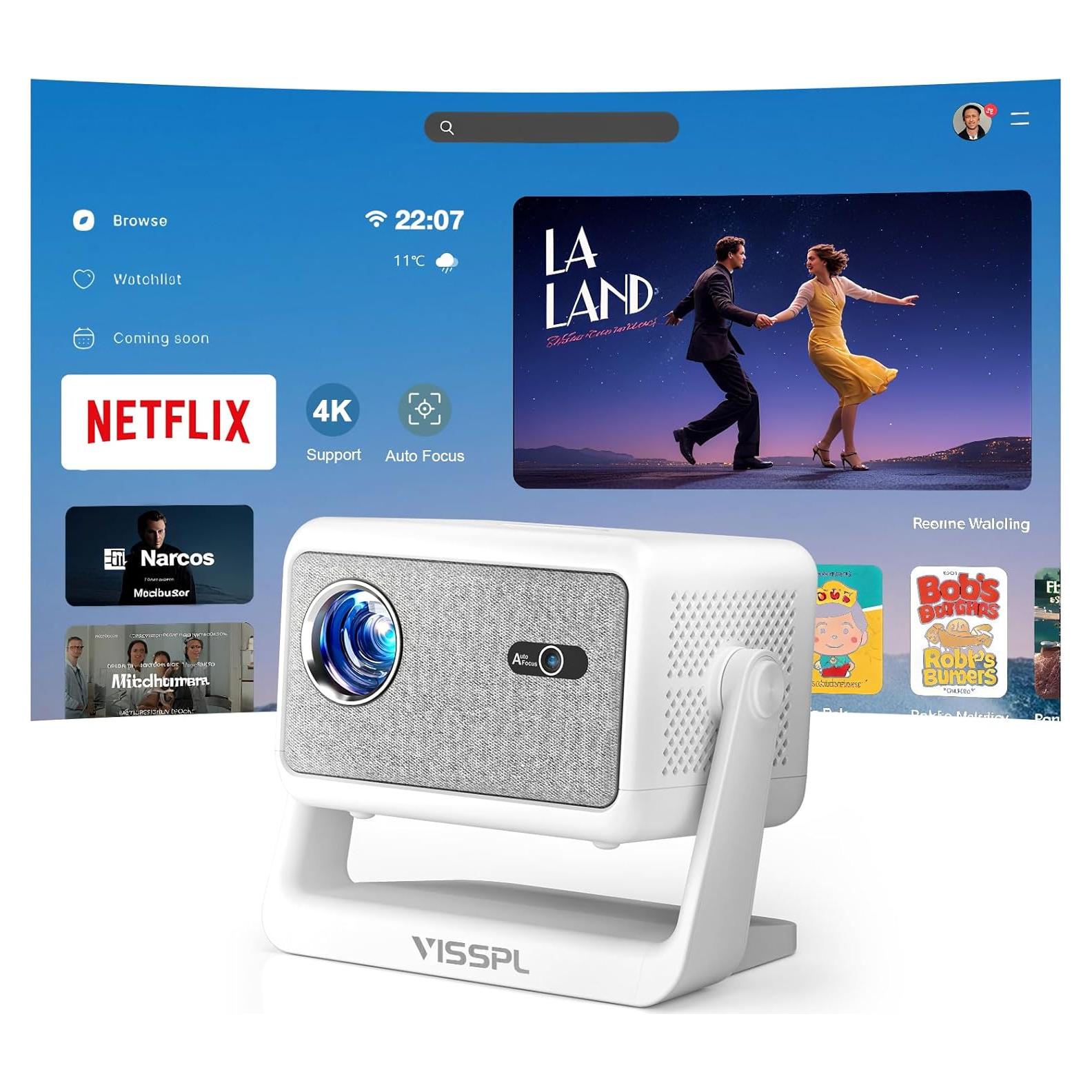 Proyector VISSPL 4K Inteligente con WiFi y Bluetooth, Autoenfoque