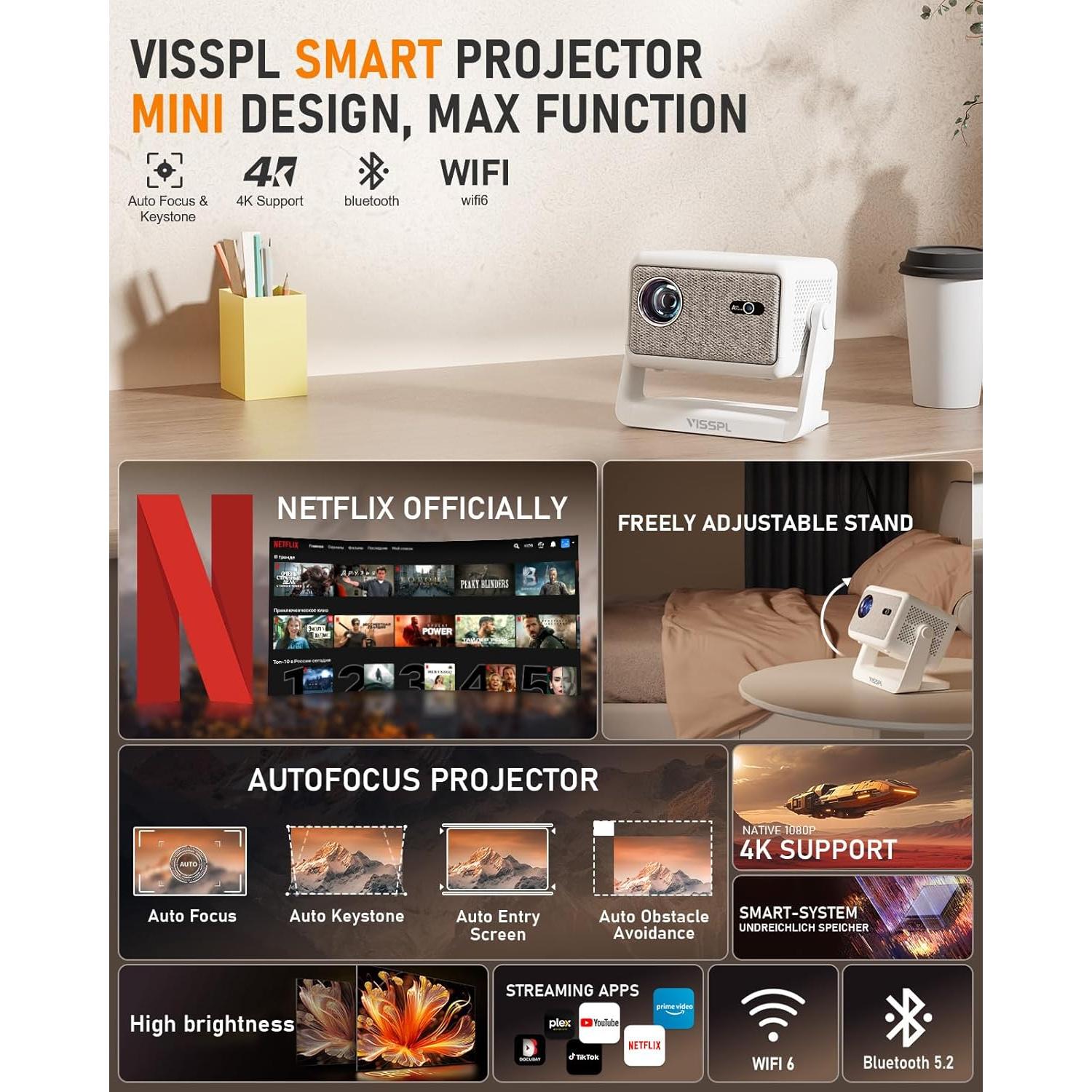 Proyector VISSPL 4K Inteligente con WiFi y Bluetooth, Autoenfoque
