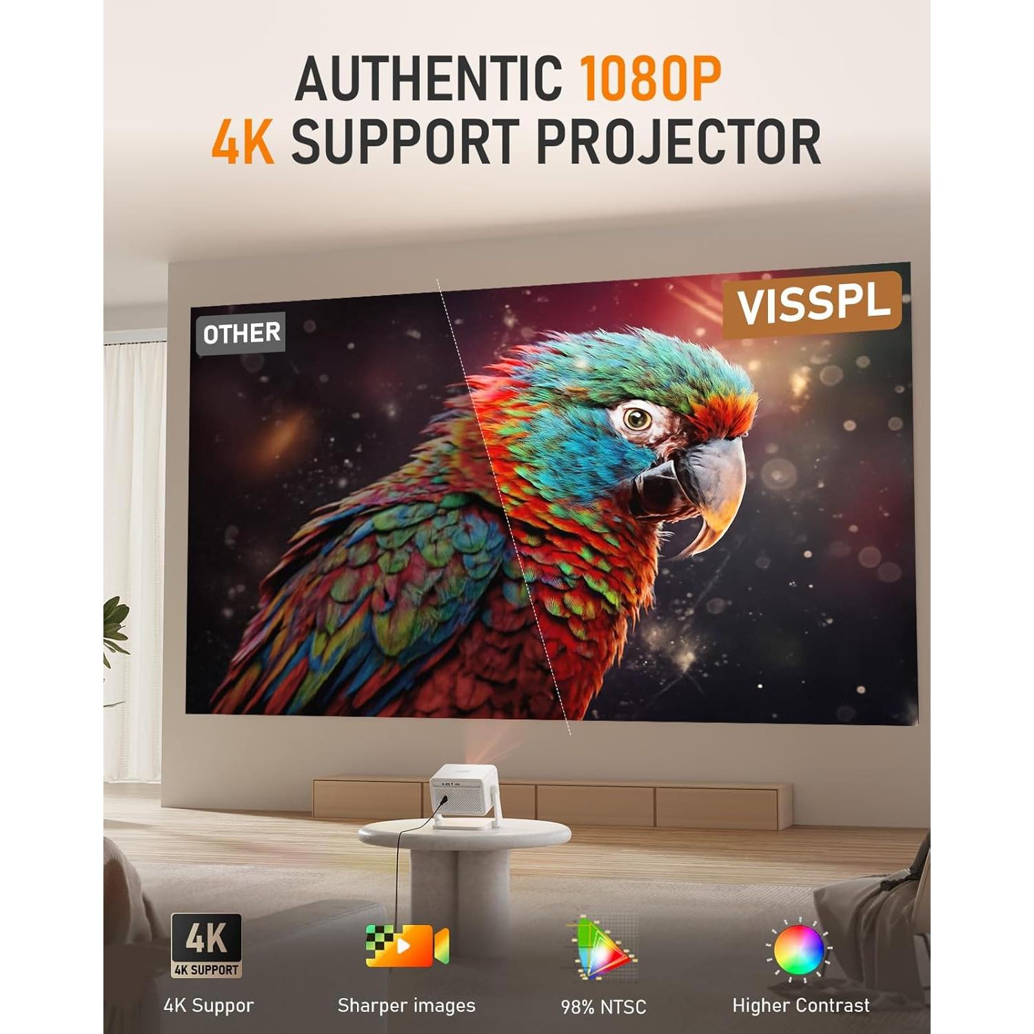 Proyector VISSPL 4K Inteligente con WiFi y Bluetooth, Autoenfoque
