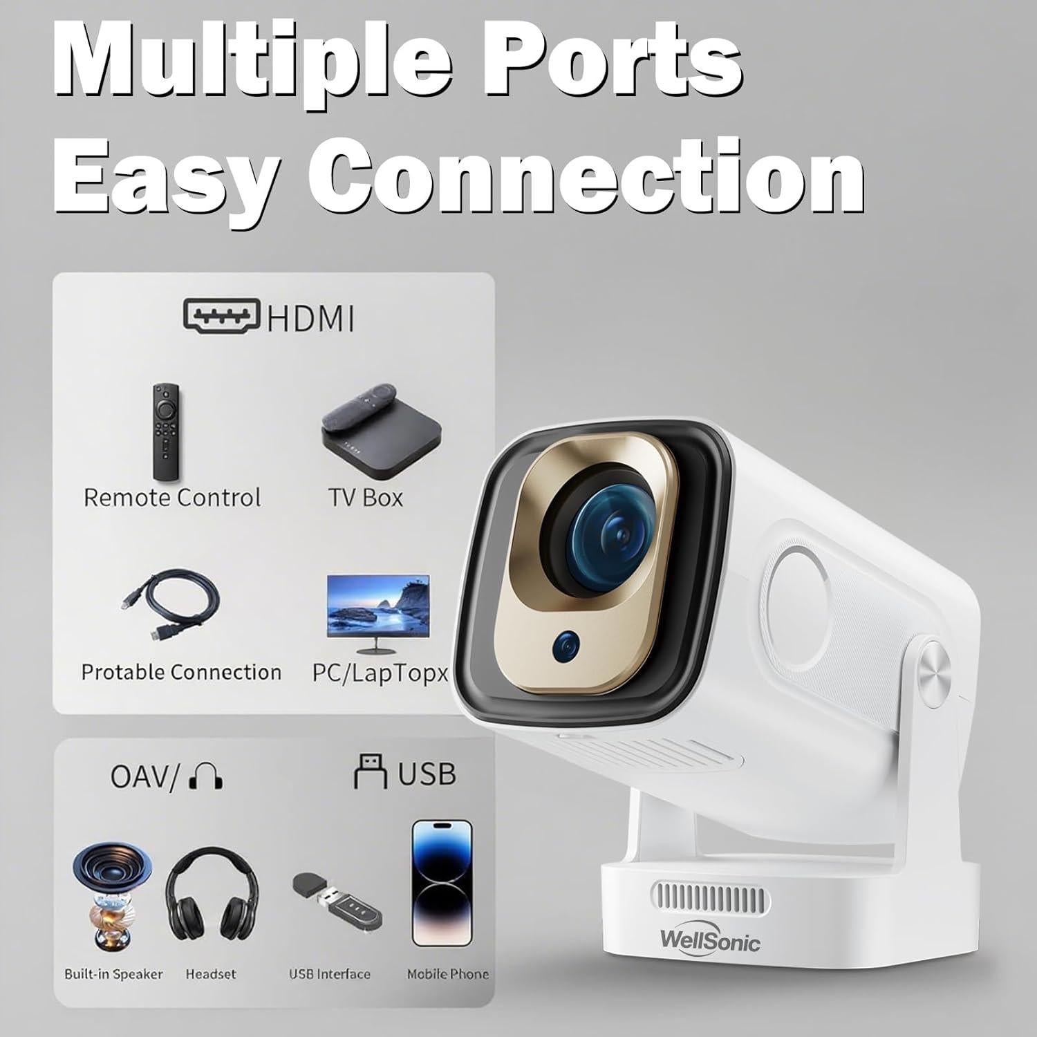 Proyector Portátil 1080P WellSonic con WiFi 6 y Bluetooth 5.4